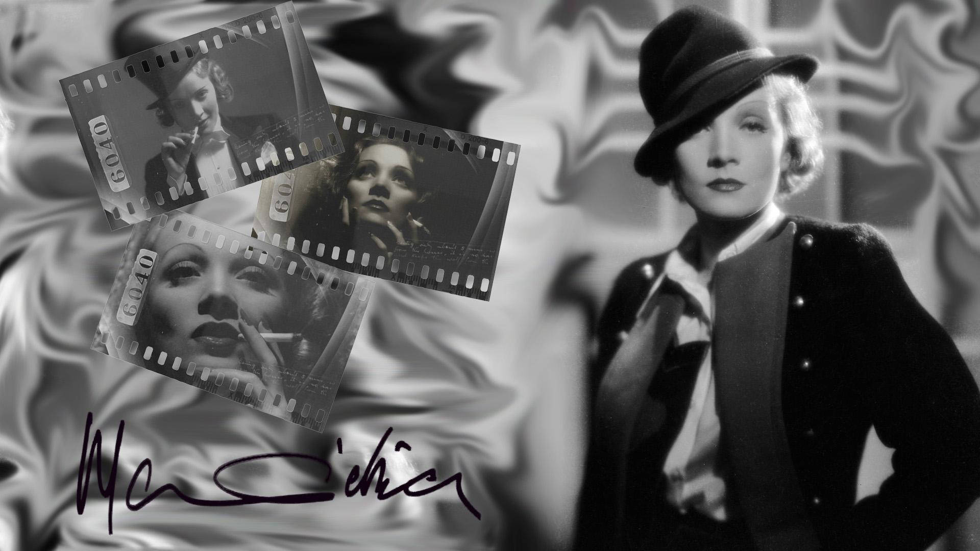 Marlene Dietrich, film strips, vintage black and white portrait, Full HD Desktop Wallpaper