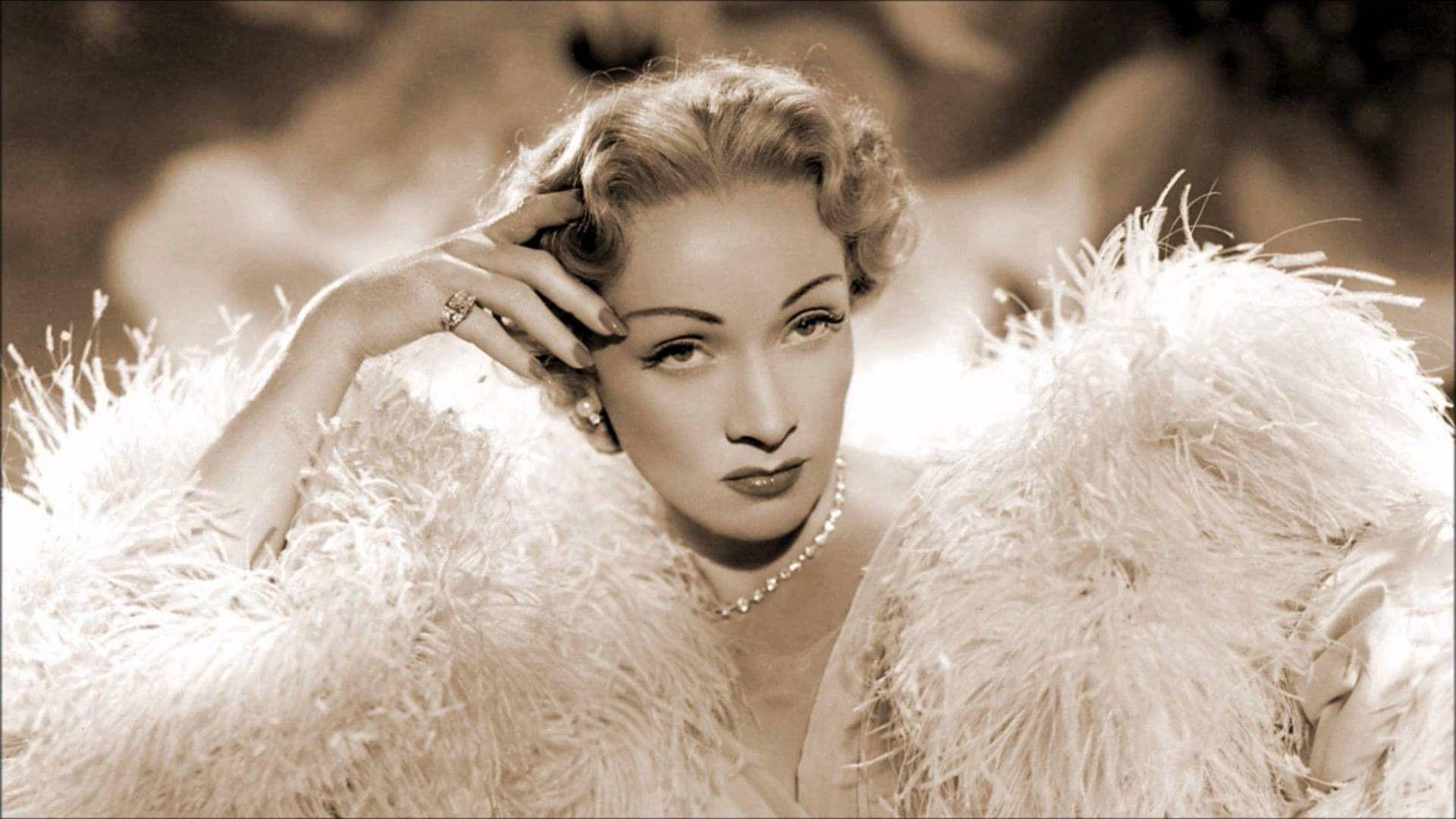Marlene Dietrich, feather dress, vintage sepia-toned portrait, Full HD Desktop Wallpaper