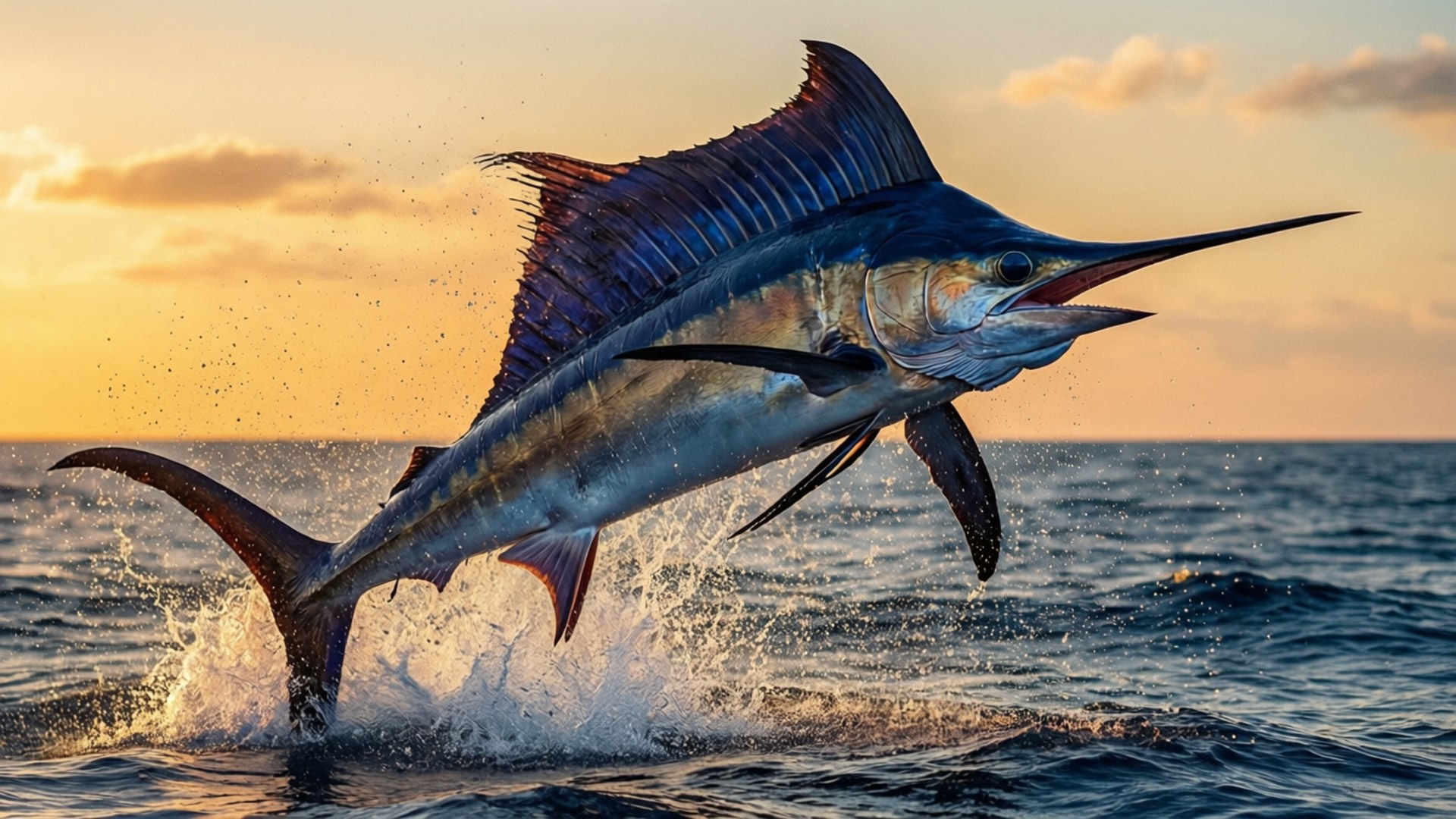 Marlin, sunset, ocean, Full HD Desktop Wallpaper