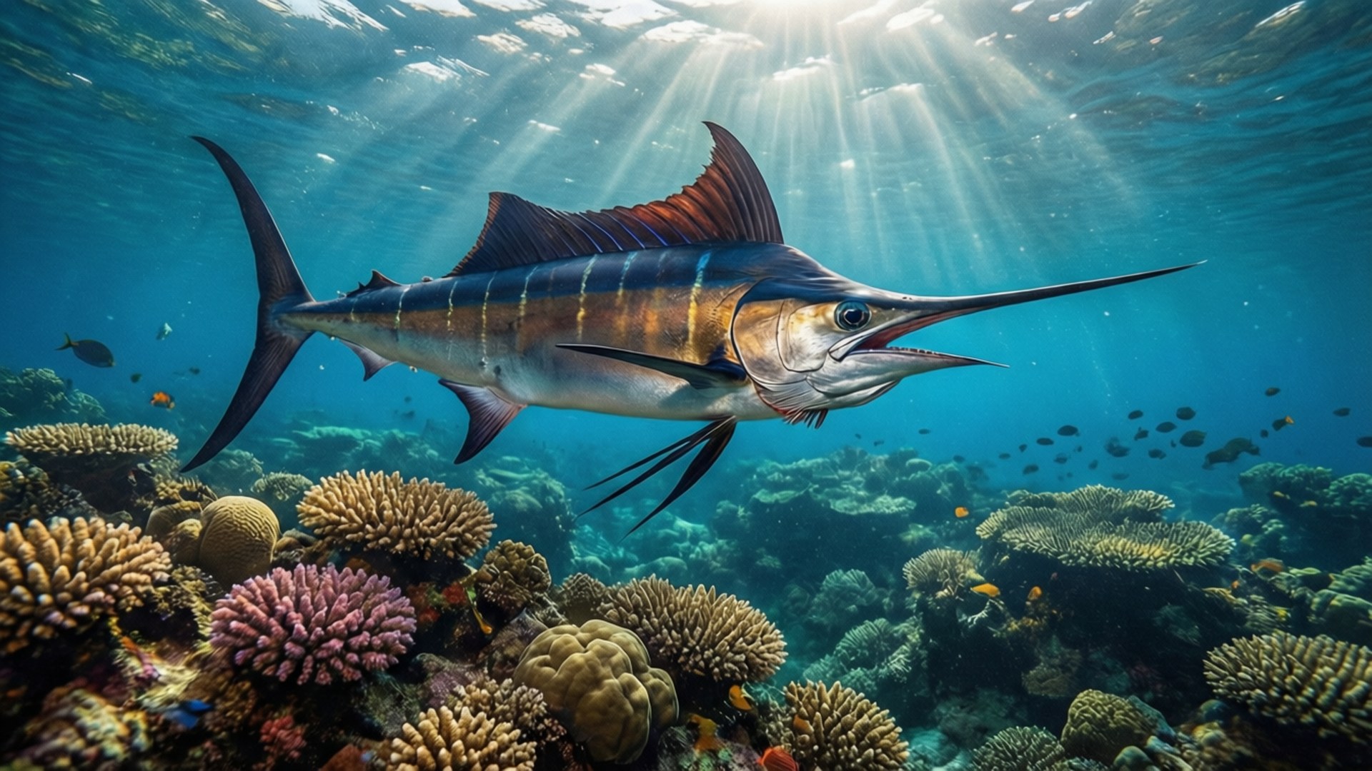 Marlin, coral reef, turquoise ocean, Full HD Desktop Wallpaper