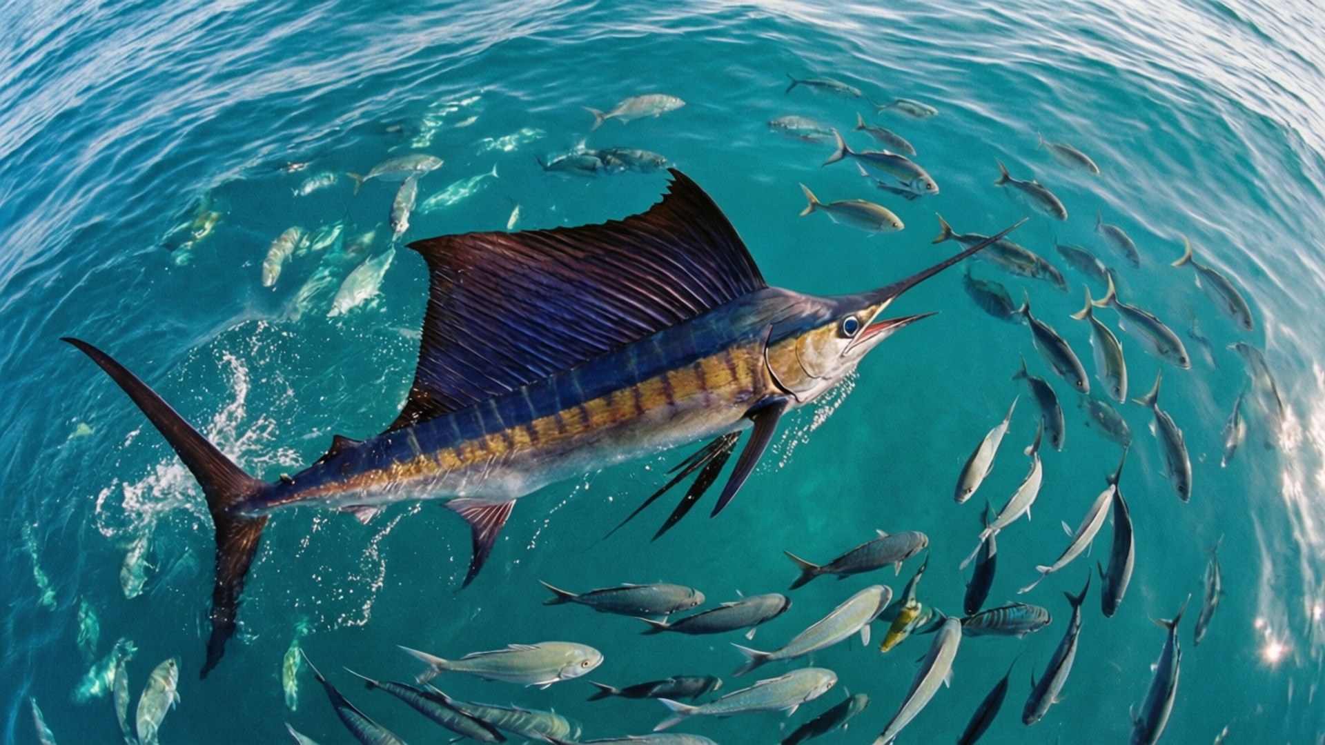 Marlin, school of fish, clear water, Full HD Desktop Wallpaper