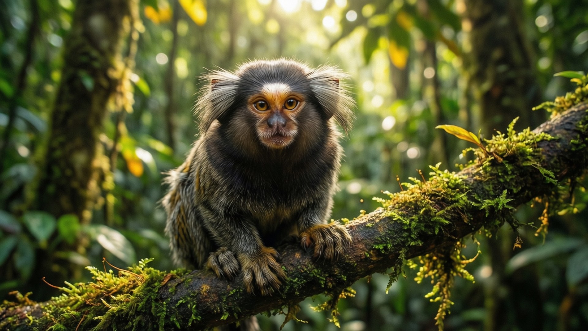 marmoset, canopy, sunlit rainforest, Full HD Desktop Wallpaper