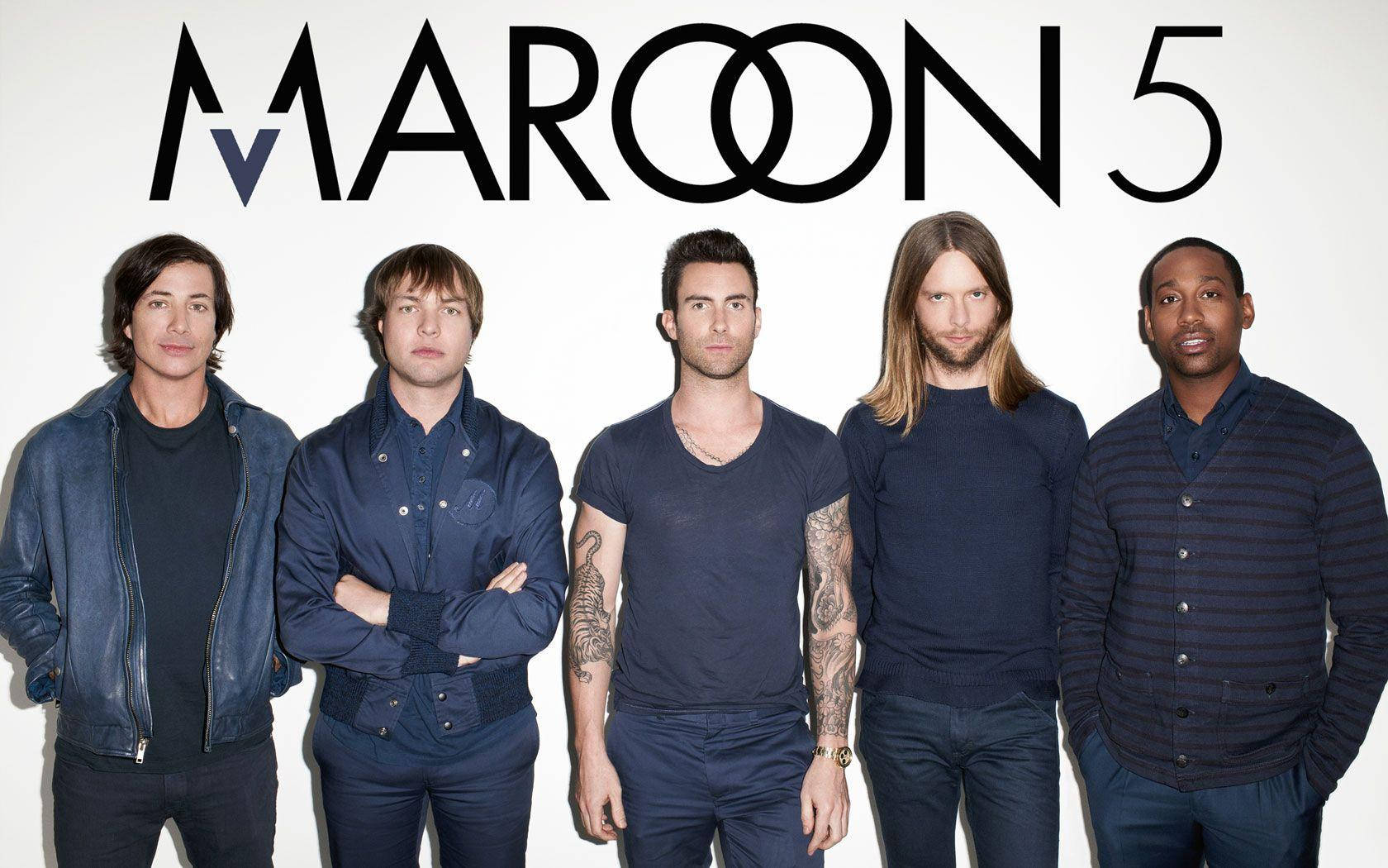 Maroon 5, navy blue attire, stark white background, HD Desktop Wallpaper