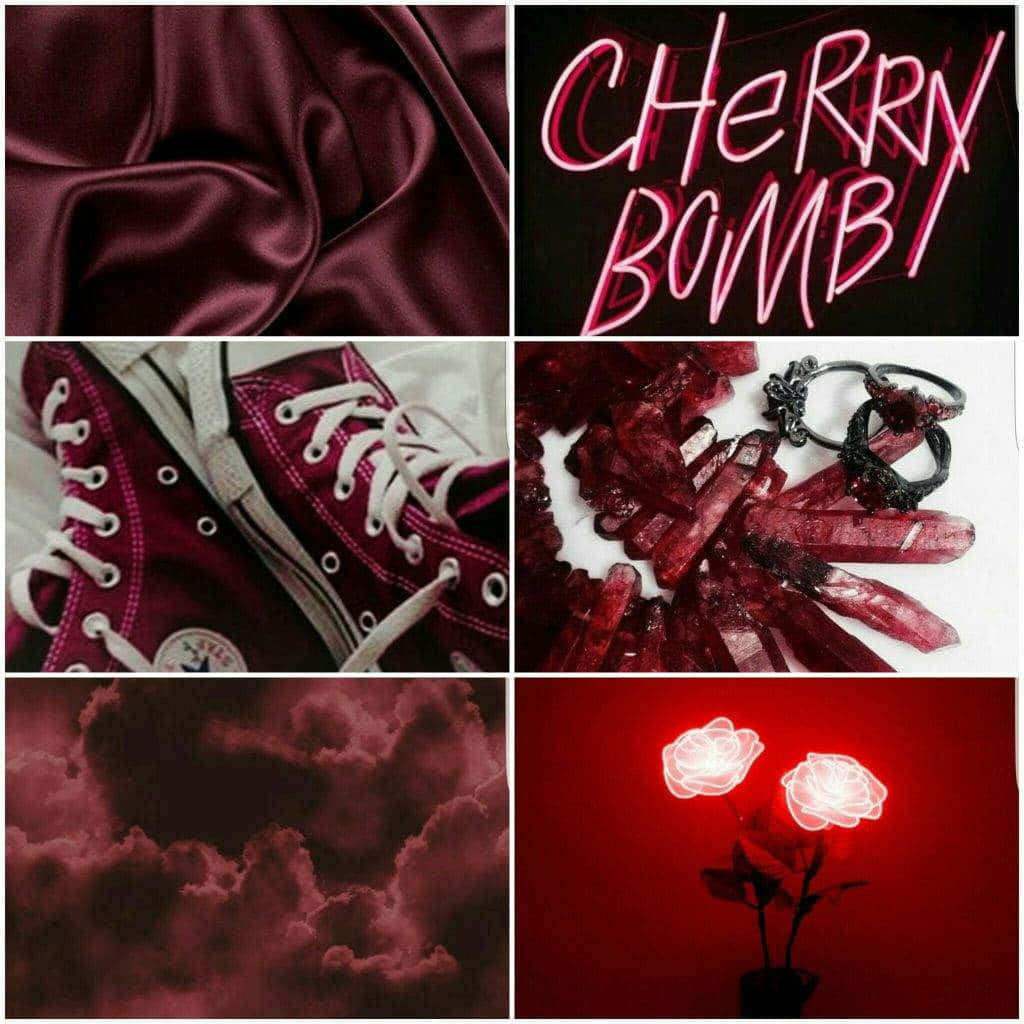 burgundy maroon aesthetic, deep red satin fabric, cherry bomb text, SD Desktop Wallpaper