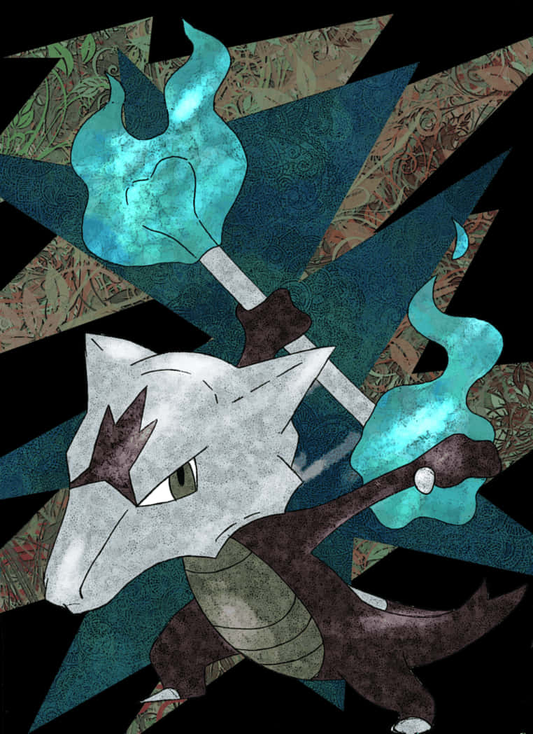 Marowak, glowing blue flame weapons, dark patterned background, SD Phone Wallpaper