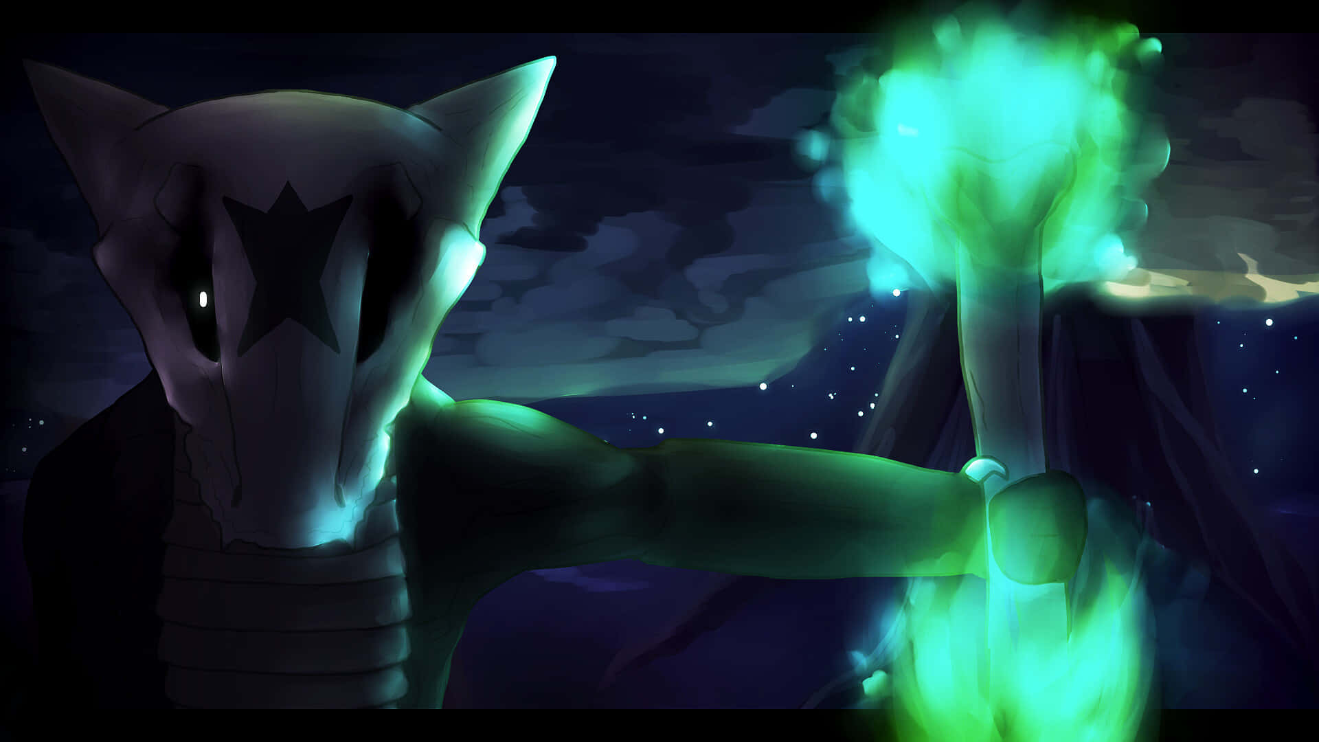 Marowak, glowing green, skeletal cat-like creature, Full HD Desktop Wallpaper