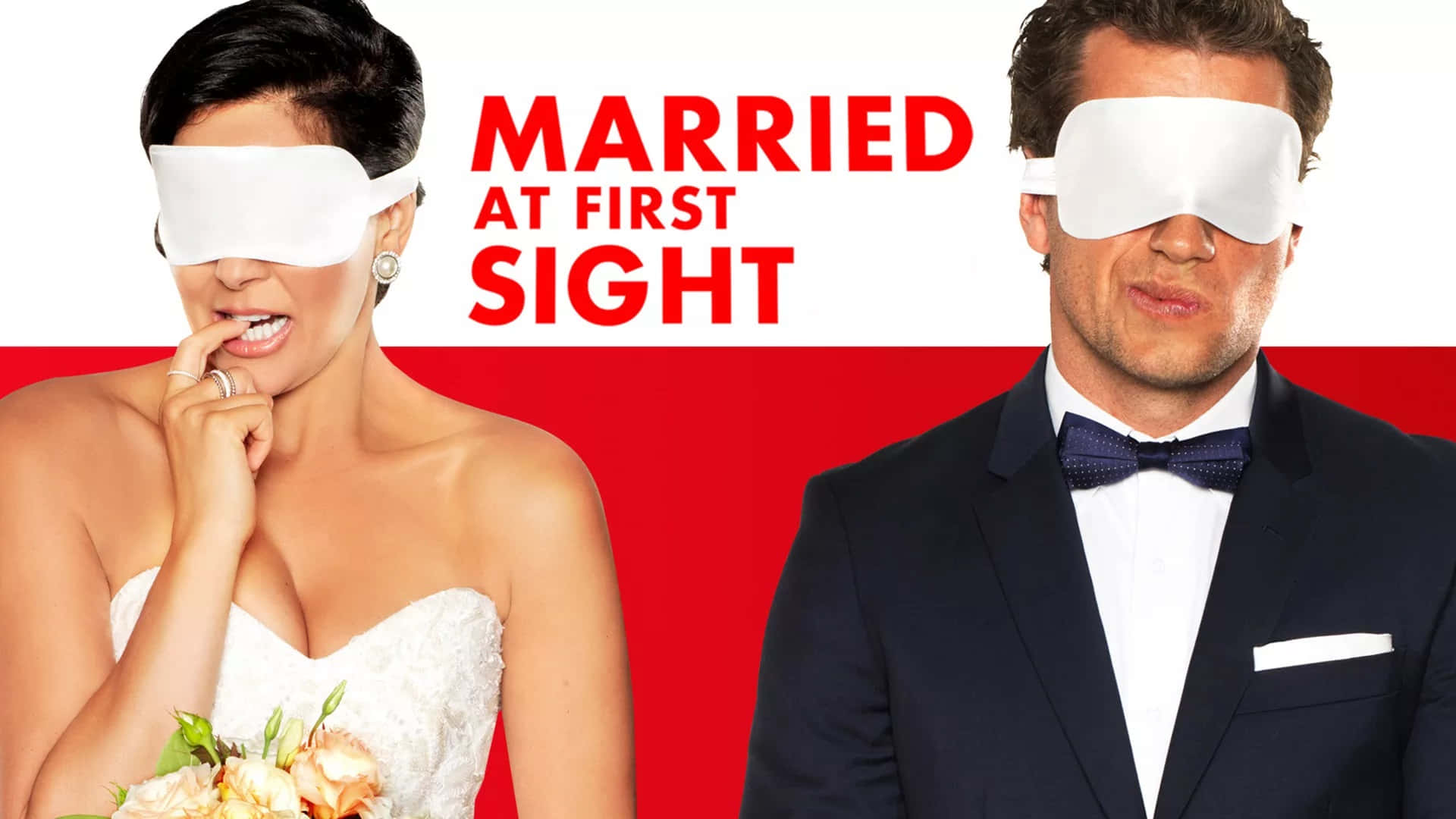 Married At First Sight Australia, white blindfolds, bold red and white background, Full HD Desktop Wallpaper