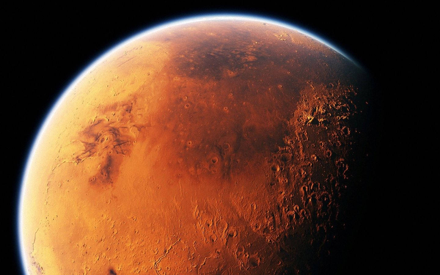 Mars, rusty orange surface, cratered terrain, HD Desktop Wallpaper