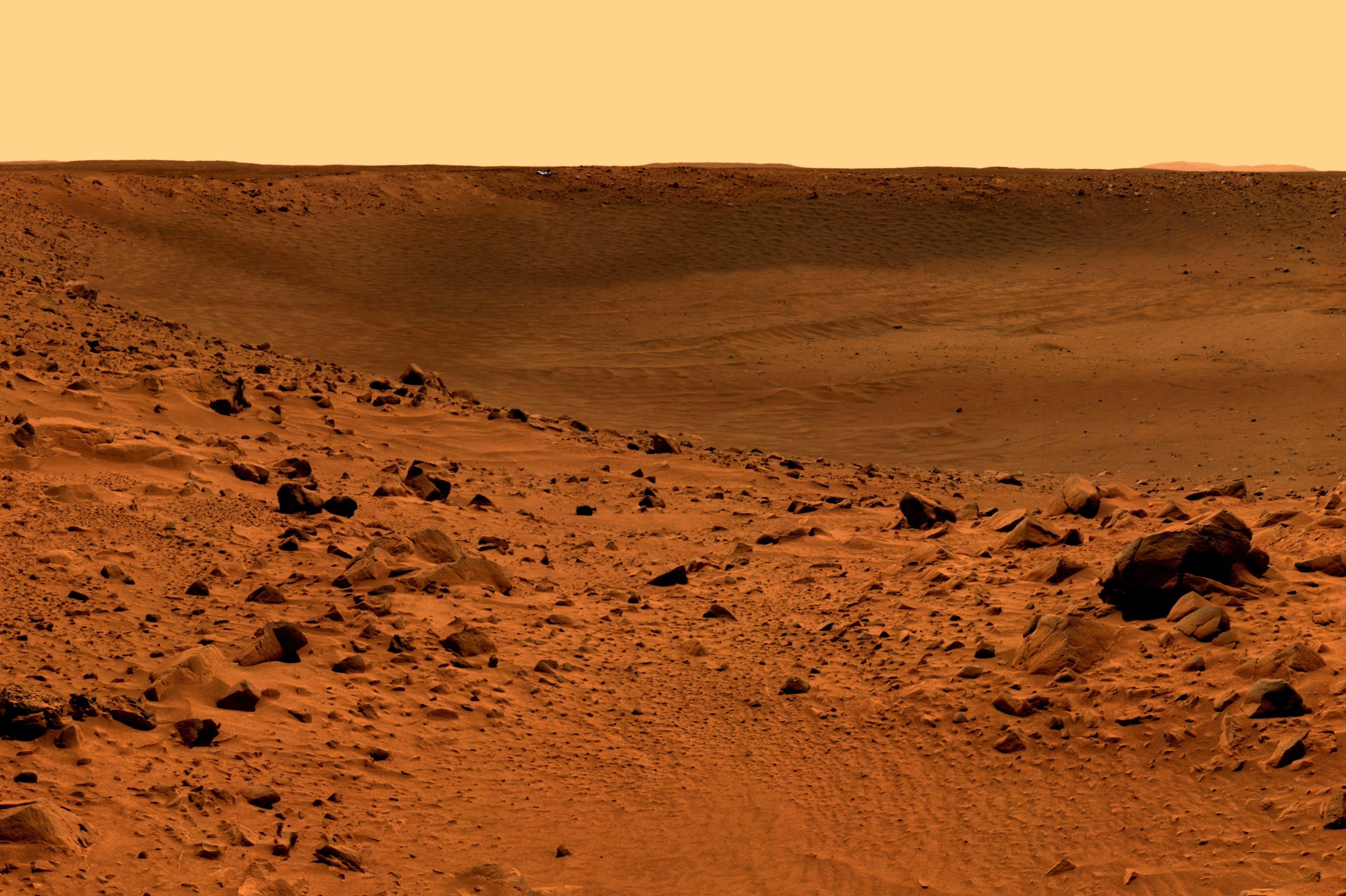 Mars, reddish Martian landscape, hazy orange sky, 4K Desktop Wallpaper