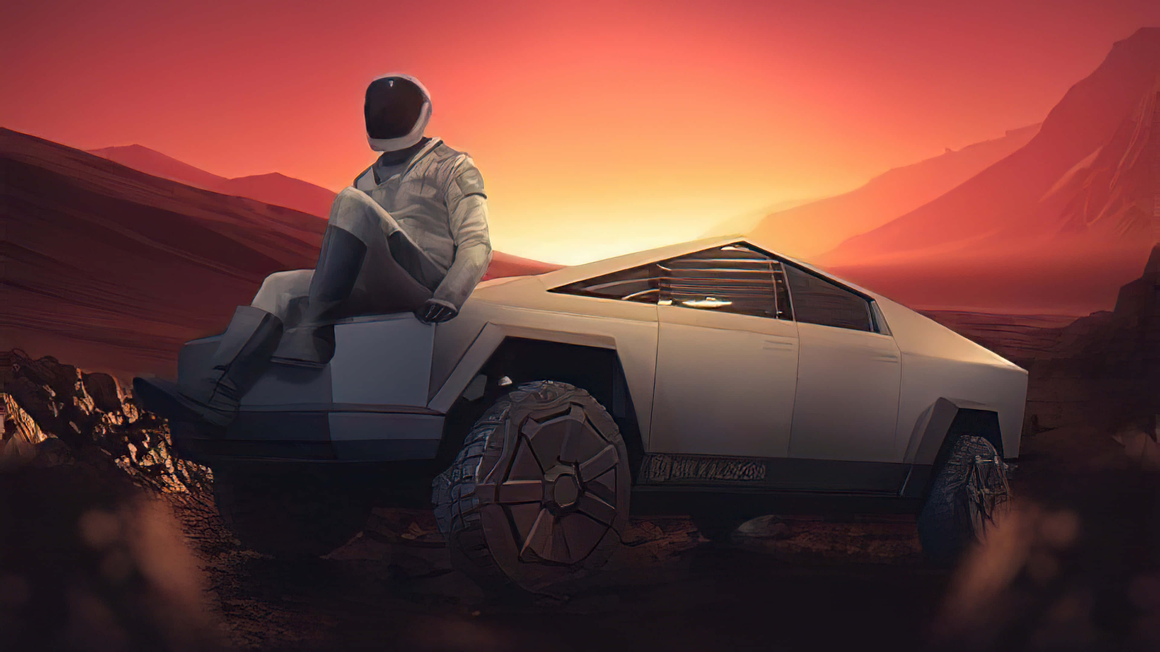 astronaut, silver Tesla Cybertruck, rocky terrain, 4K Desktop Wallpaper