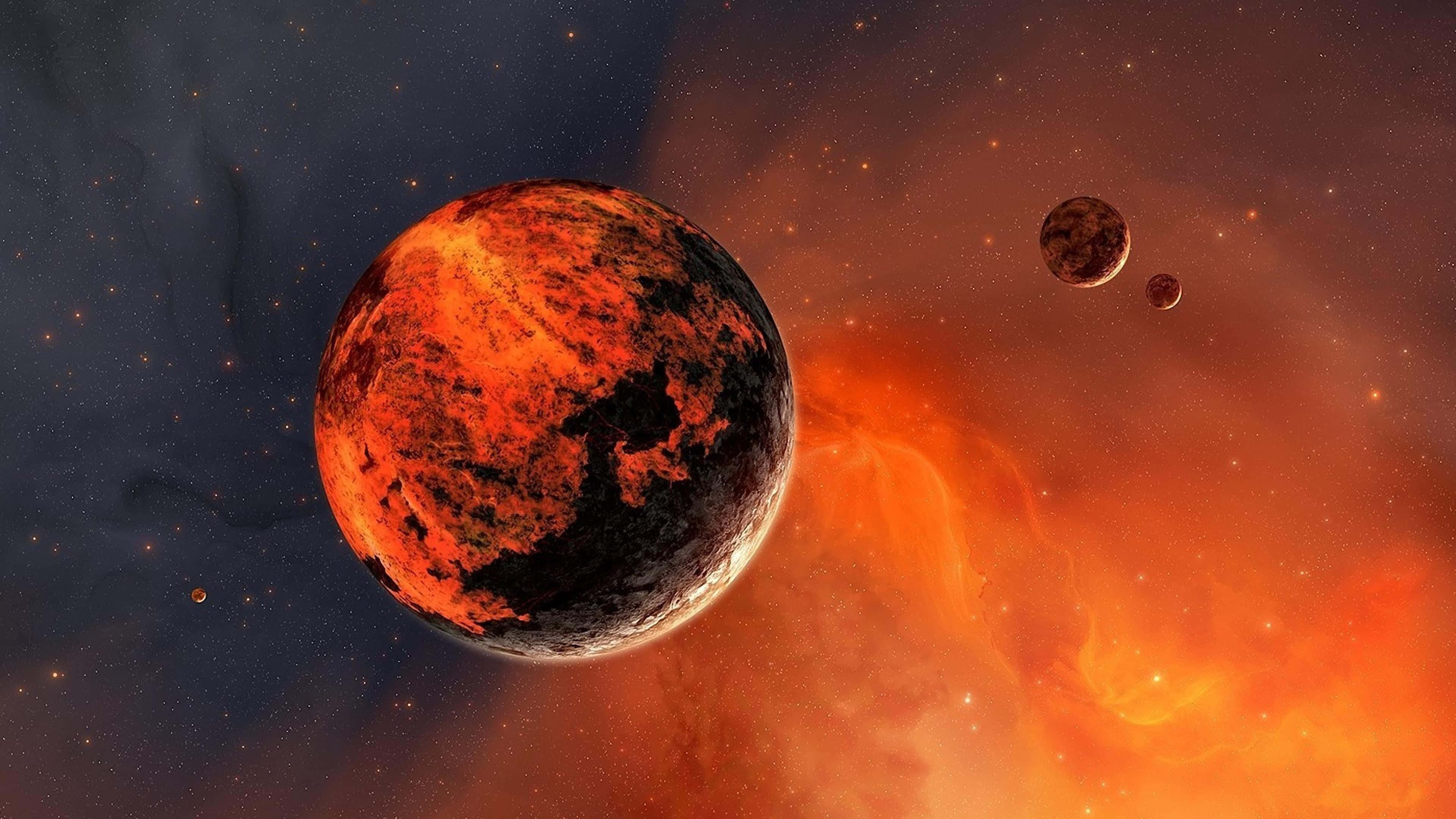 Mars, moons, glowing orange nebulae, 4K Desktop Wallpaper