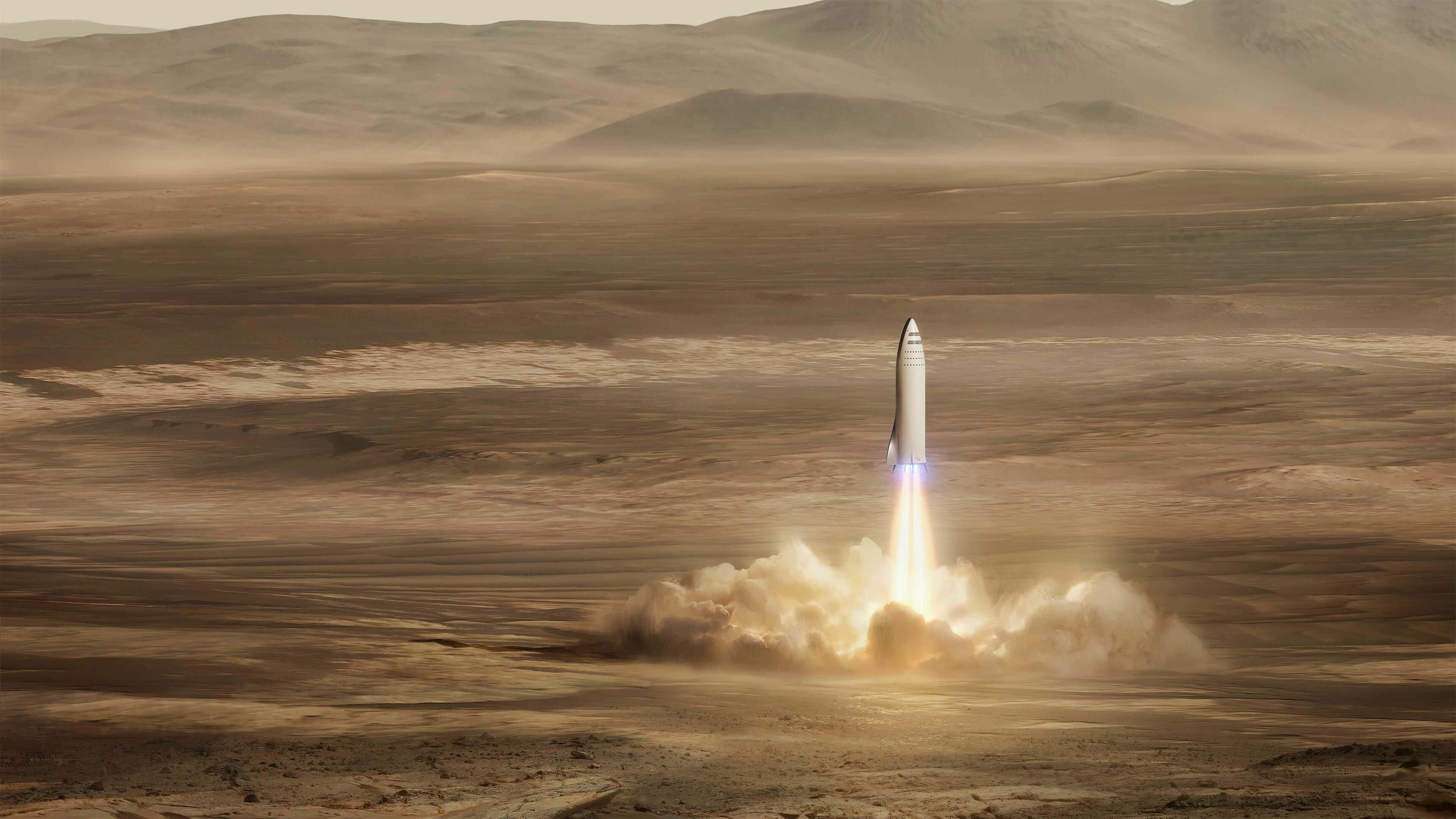 Mars, rocket launch, dusty Martian landscape, 4K Desktop Wallpaper