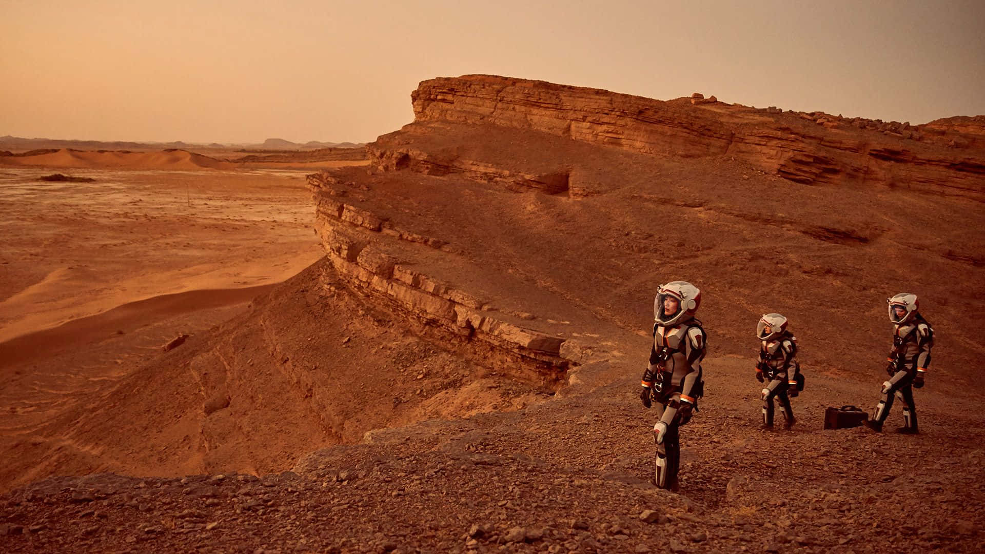 Mars, red Martian canyon, hazy orange sky, Full HD Desktop Wallpaper