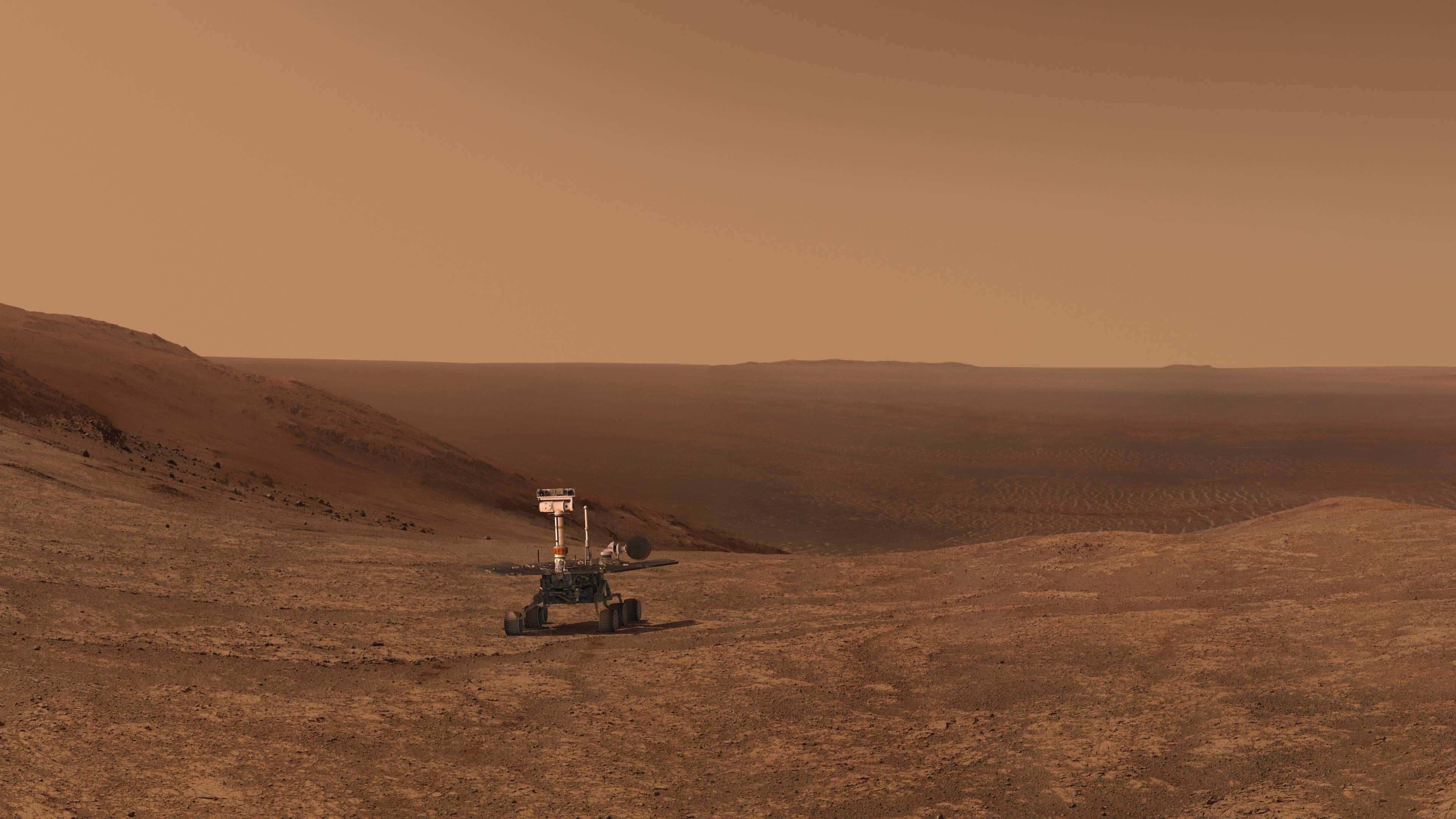 Mars, robotic rover, dusty Martian plain, 4K Desktop Wallpaper