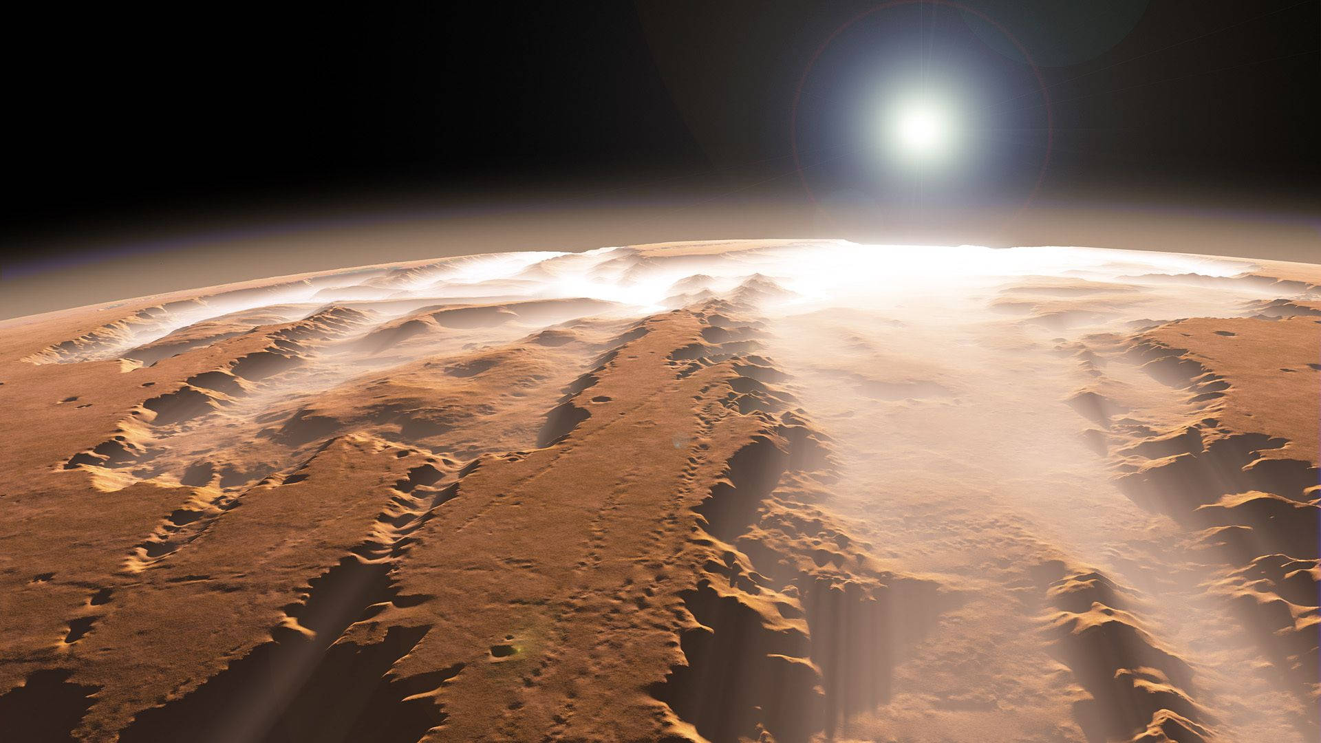 Mars, rust-colored surface, golden sunlight, Full HD Desktop Wallpaper