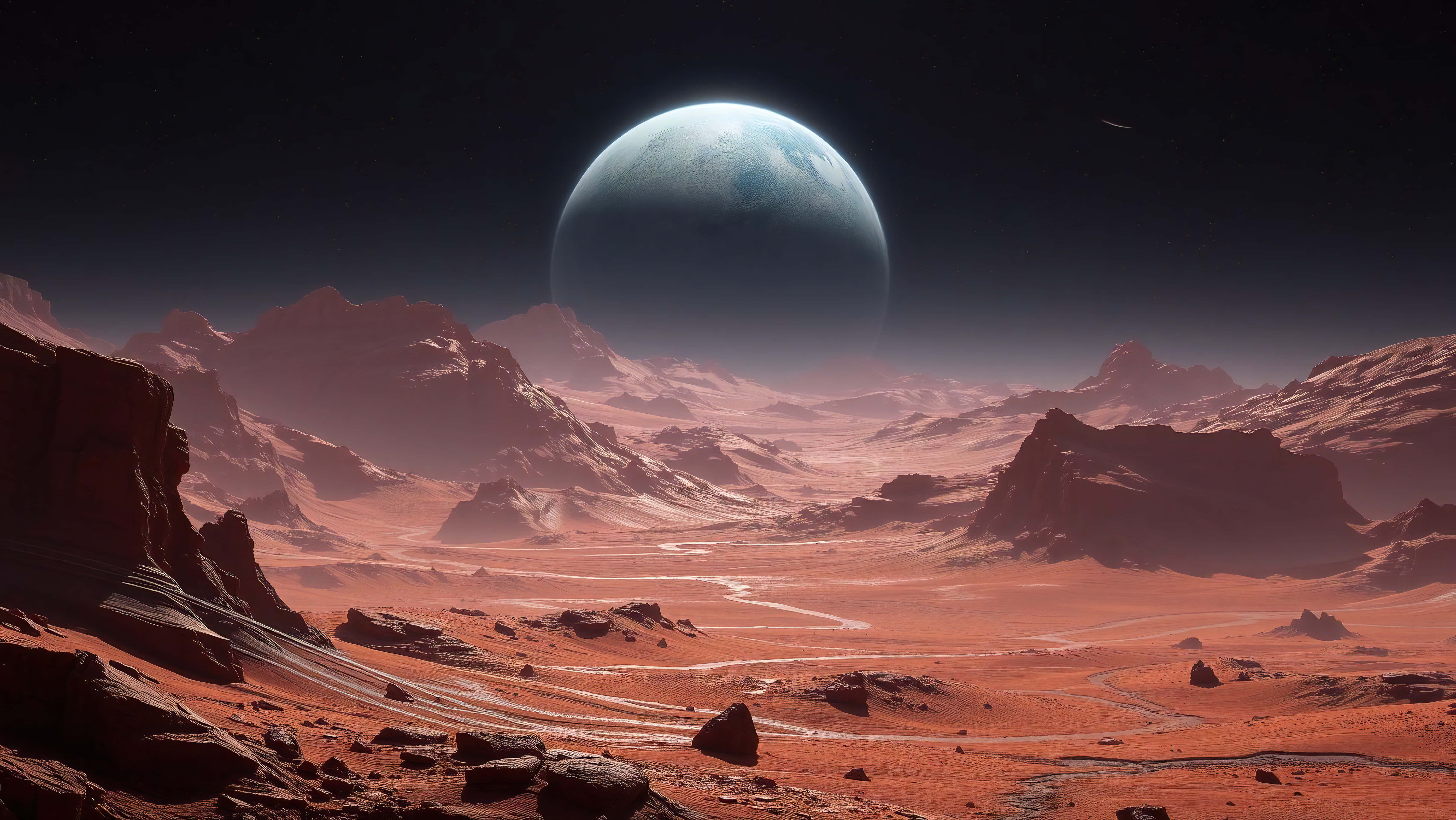 Night Mars, red alien desert, jagged mountains, 5K Desktop Wallpaper