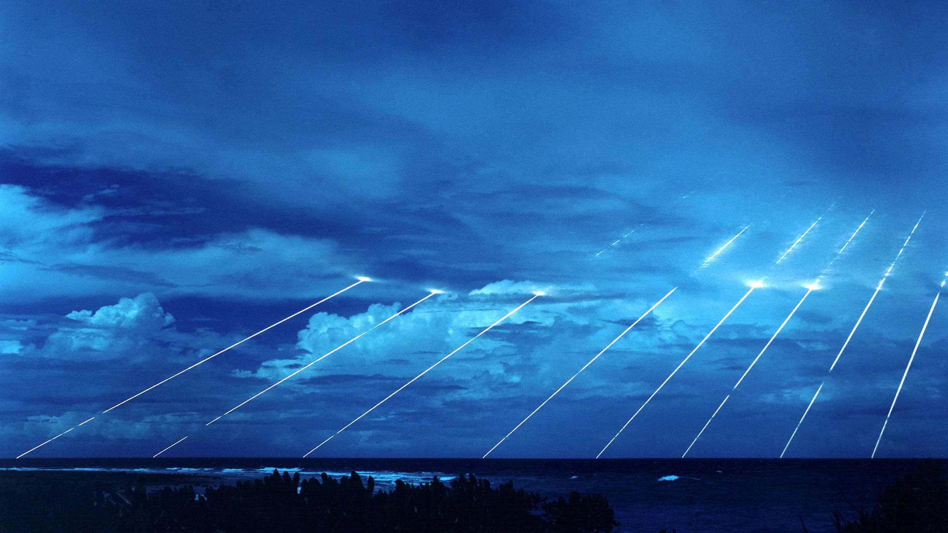 Marshall Islands, bright white streaks of light, deep blue cloudy sky, Full HD Desktop Wallpaper