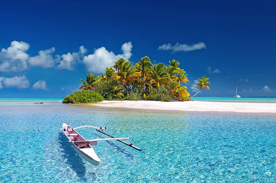 Marshall Islands, traditional outrigger boat, white sand, SD Desktop Wallpaper