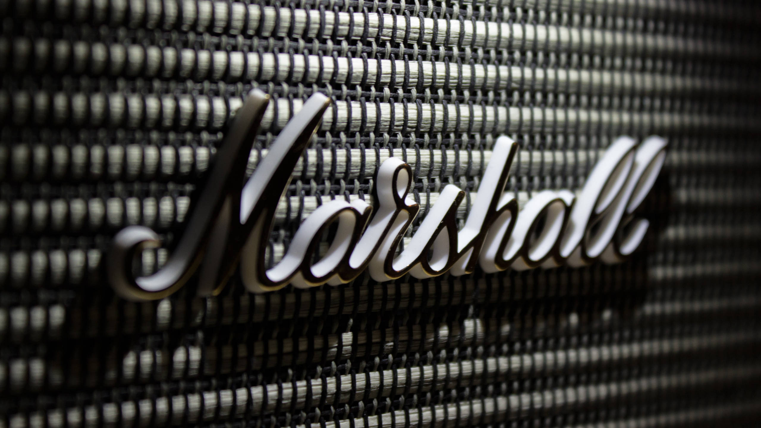 Marshall, silver Marshall logo, black and white woven speaker grille, 2K Desktop Wallpaper