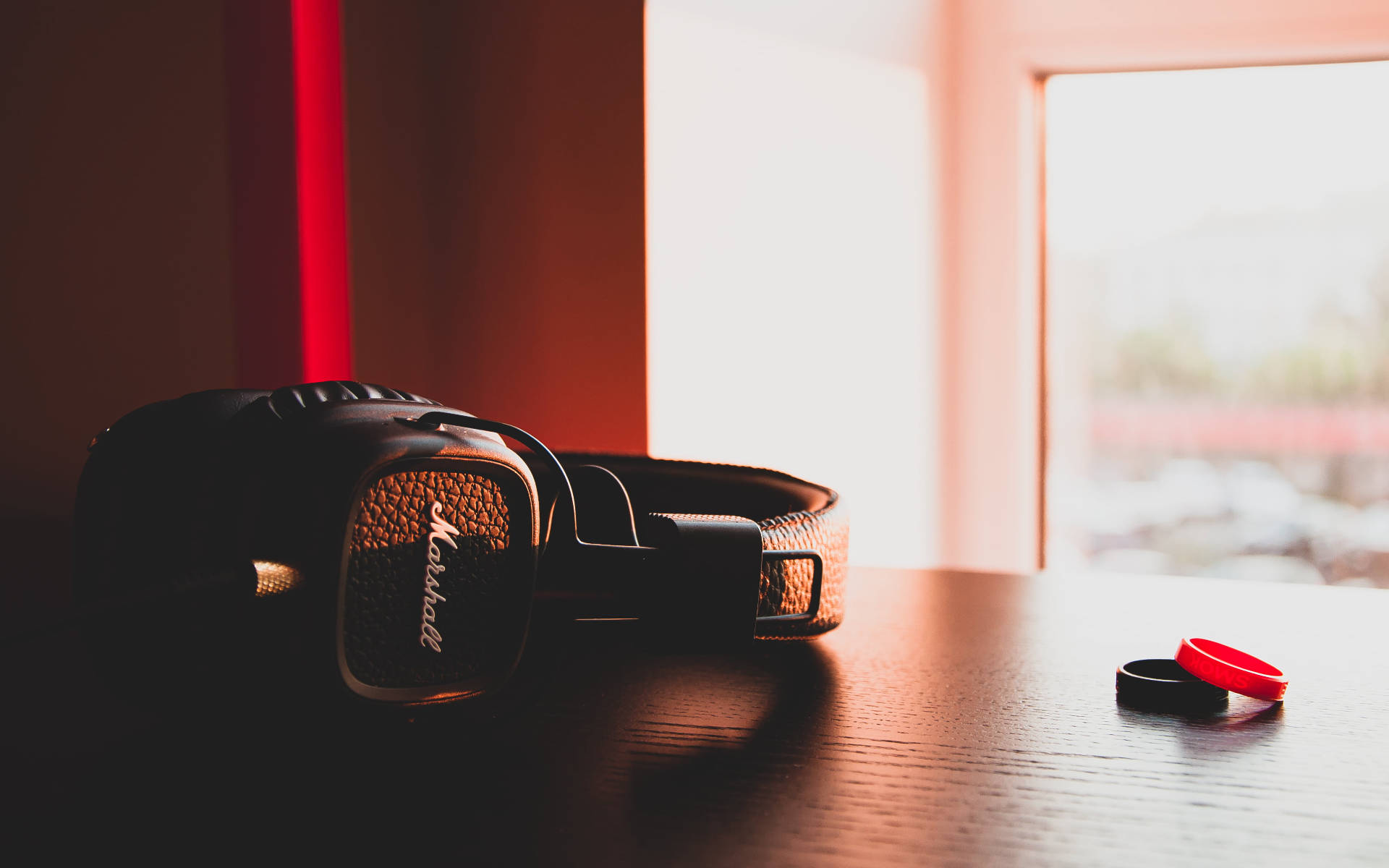Marshall, headphones, wooden table, Full HD Desktop Wallpaper
