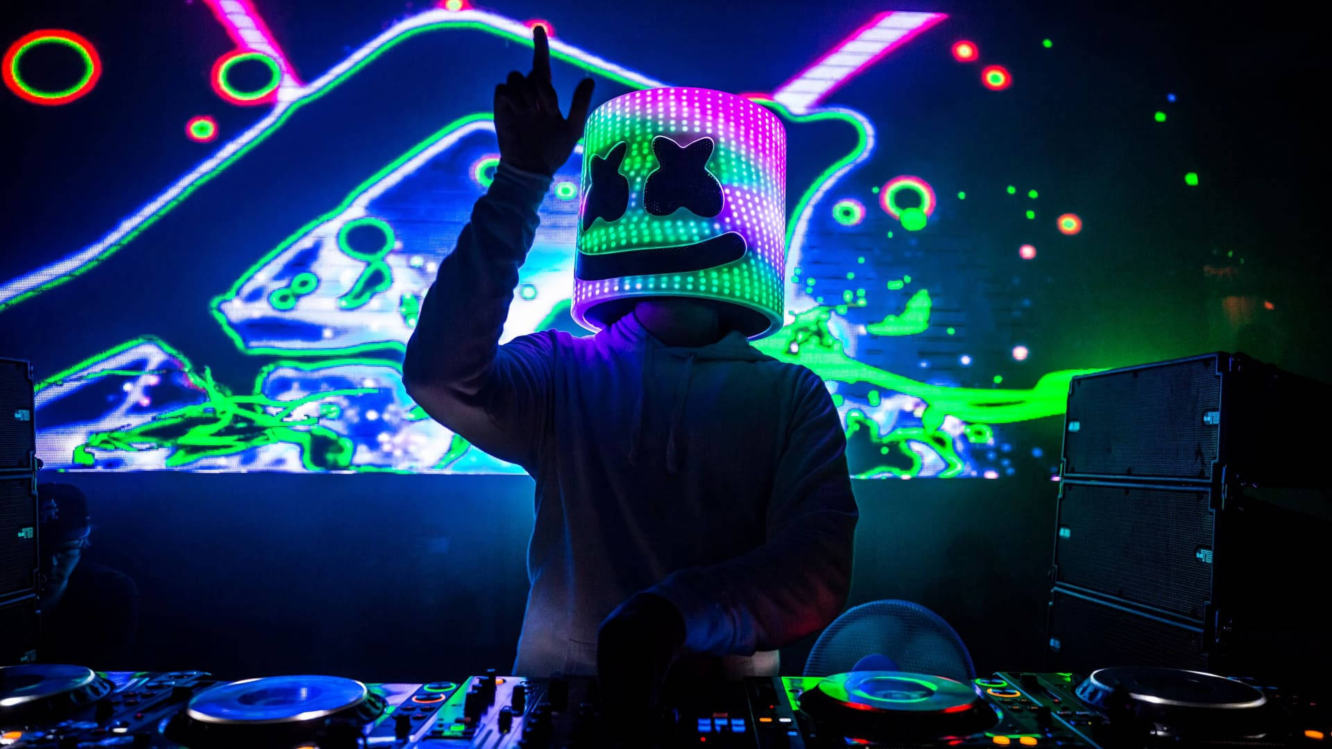 Marshmallow Dj, glowing LED marshmallow helmet, neon-lit nightclub stage, Full HD Desktop Wallpaper