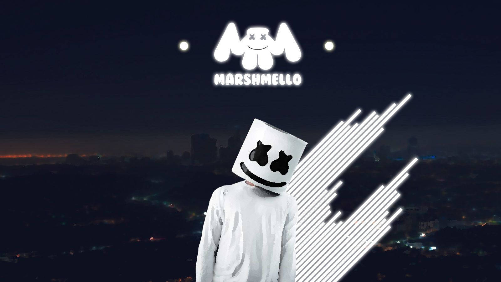 Marshmallow Dj, white suit, glowing cityscape, HD Desktop Wallpaper