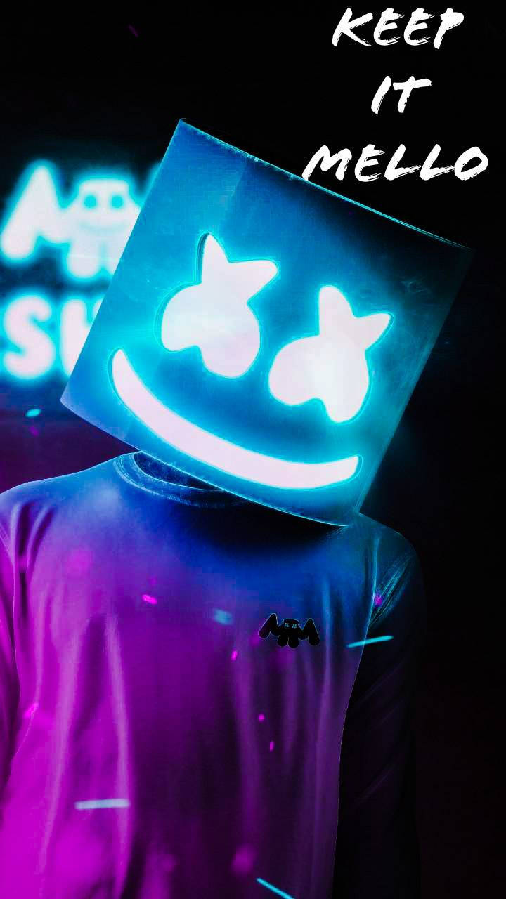 Marshmallow Dj, glowing blue square mask, smiling face, HD Phone Wallpaper