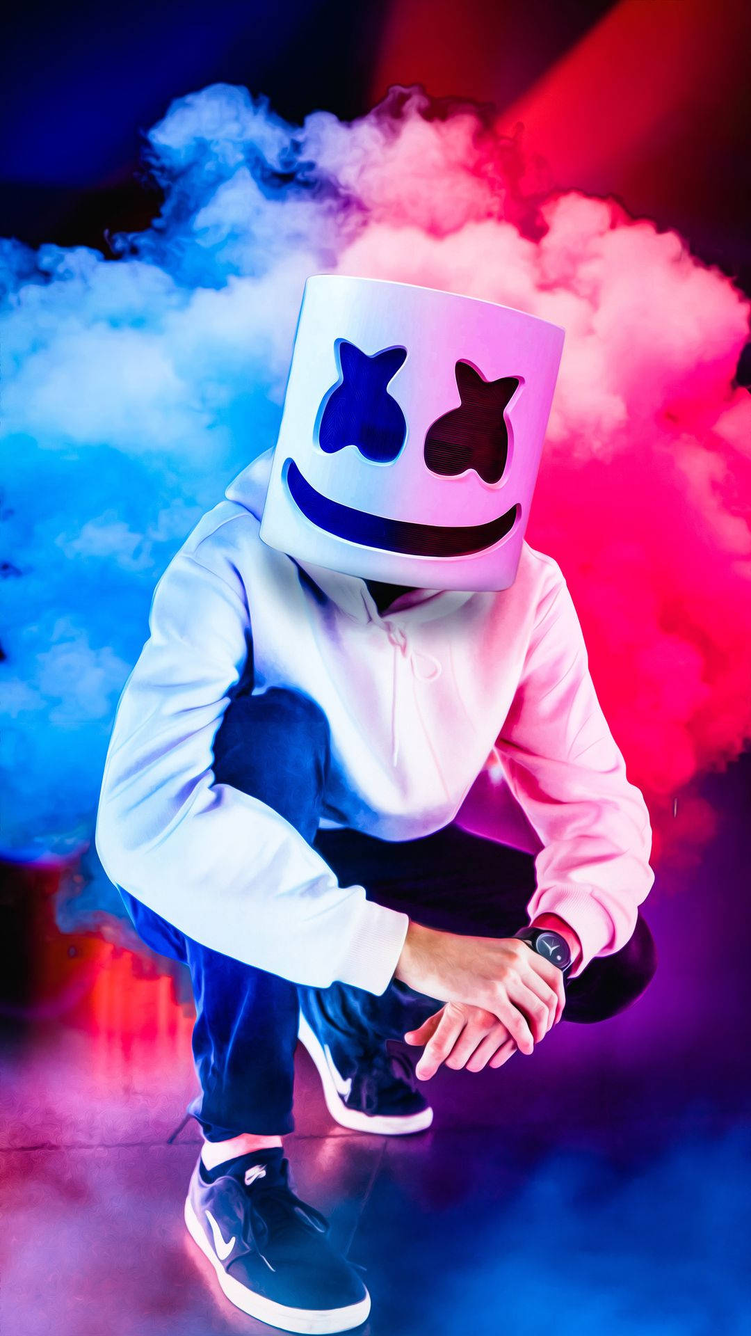 Marshmallow Dj, white marshmallow mask, blue and pink smoke, Full HD Phone Wallpaper