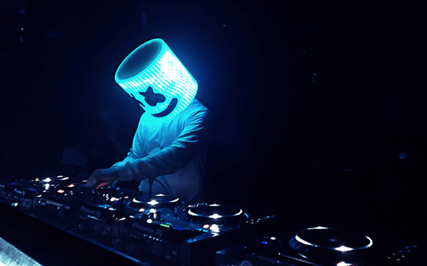 Marshmallow Dj, glowing blue mask, turntable, HD Desktop Wallpaper