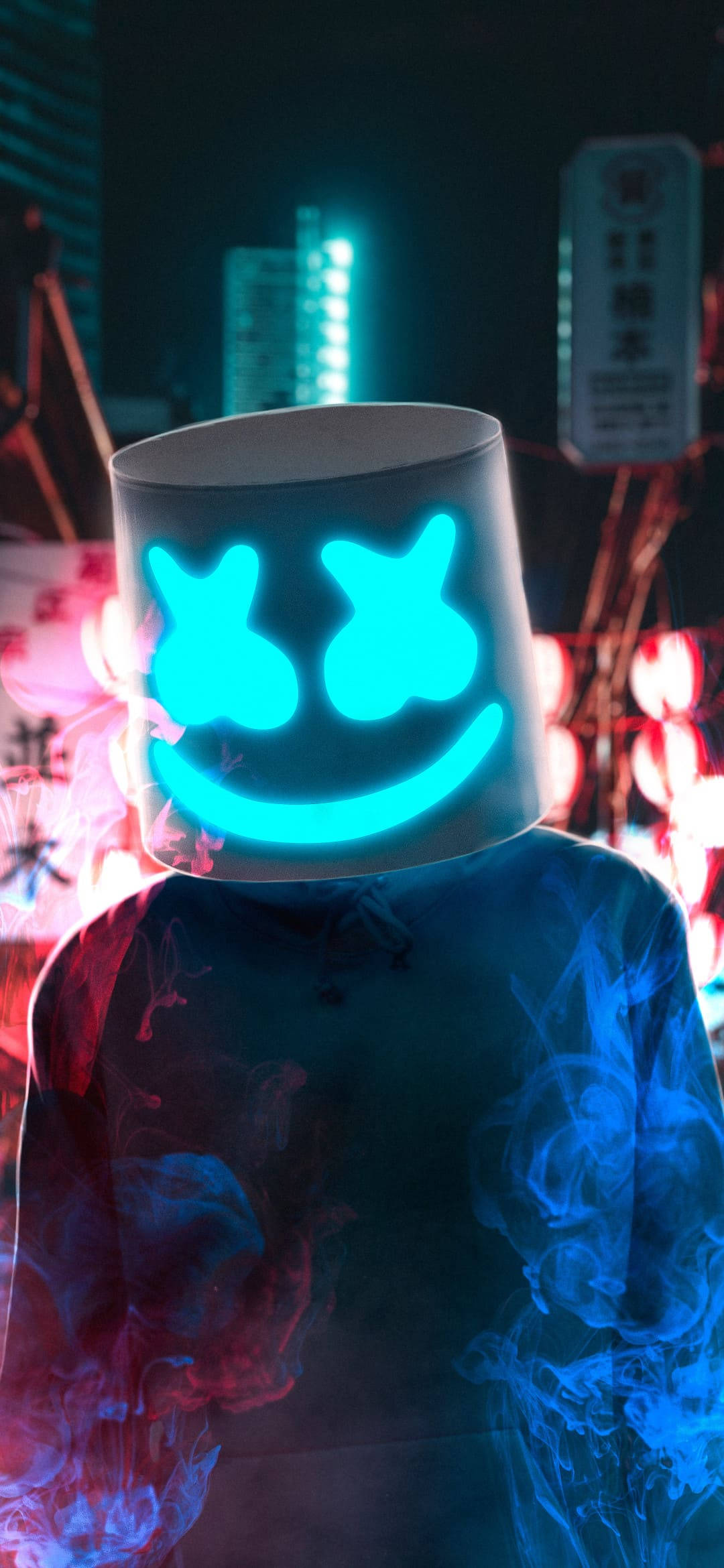Marshmallow Dj, luminescent mask, glowing blue smiley-face helmet, Full HD Phone Wallpaper