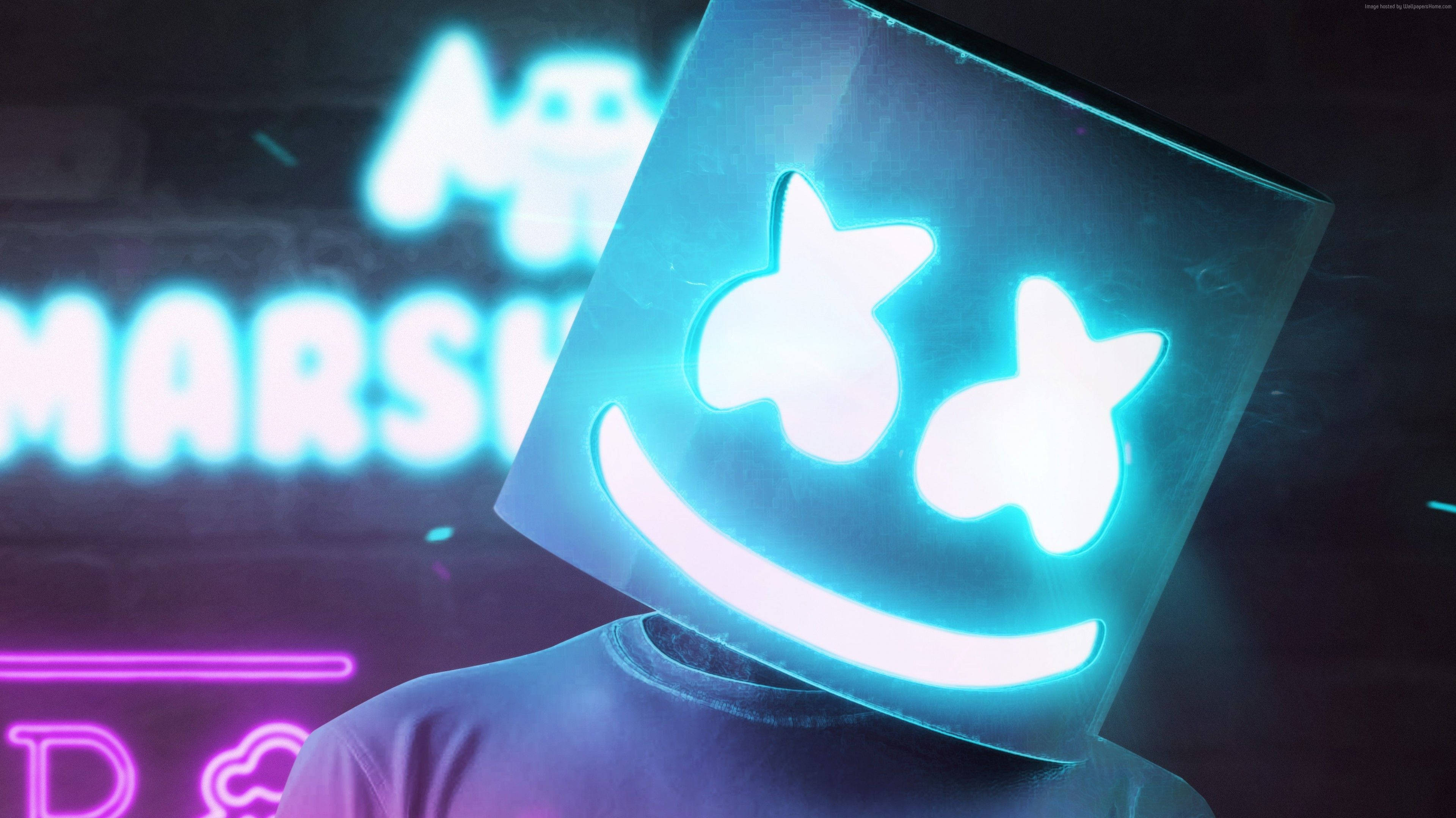 Marshmallow Dj, glowing blue cube mask, star eyes, 4K Desktop Wallpaper