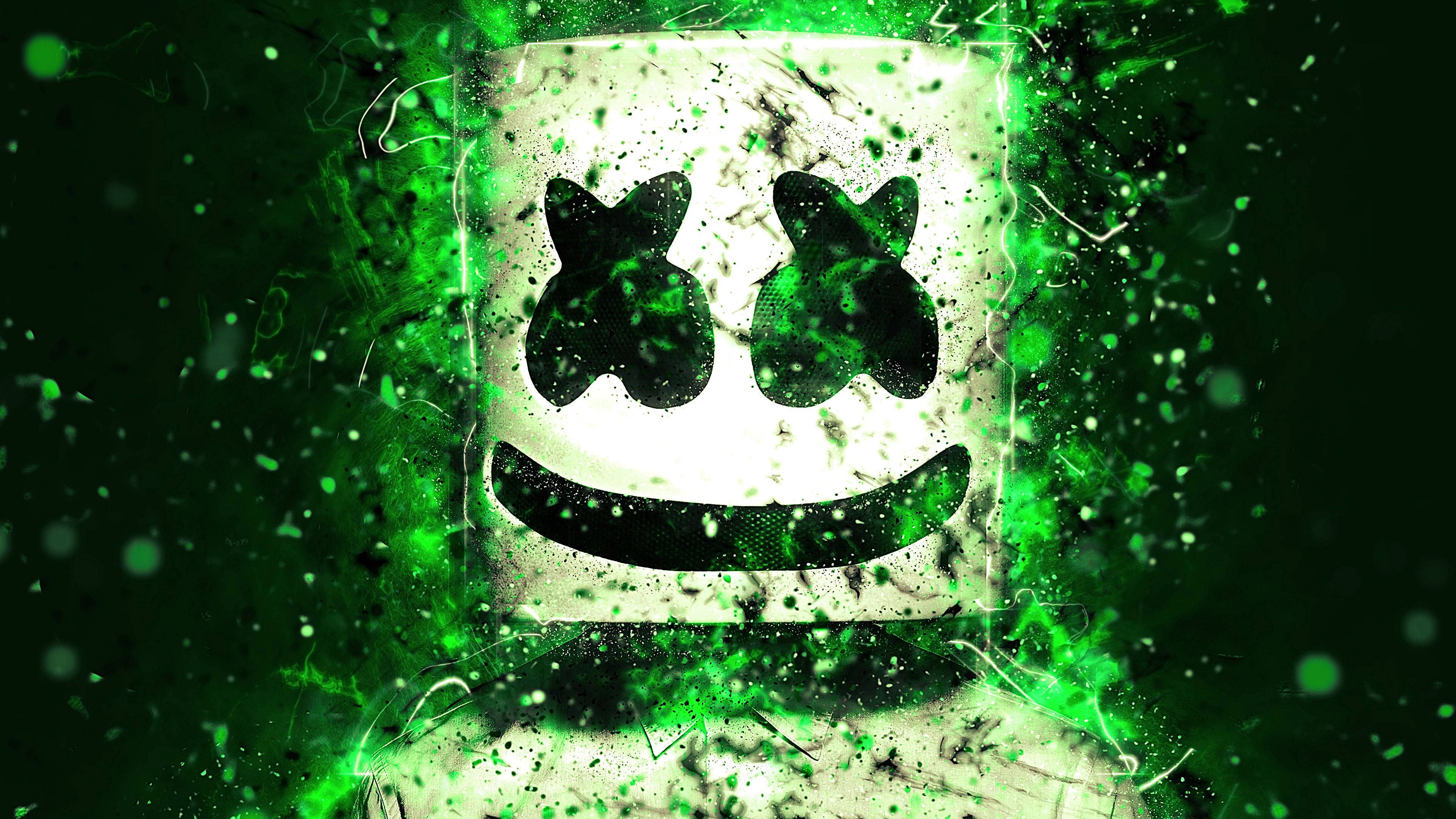 Marshmallow Dj, green mask, glowing green splatter effect, 4K Desktop Wallpaper