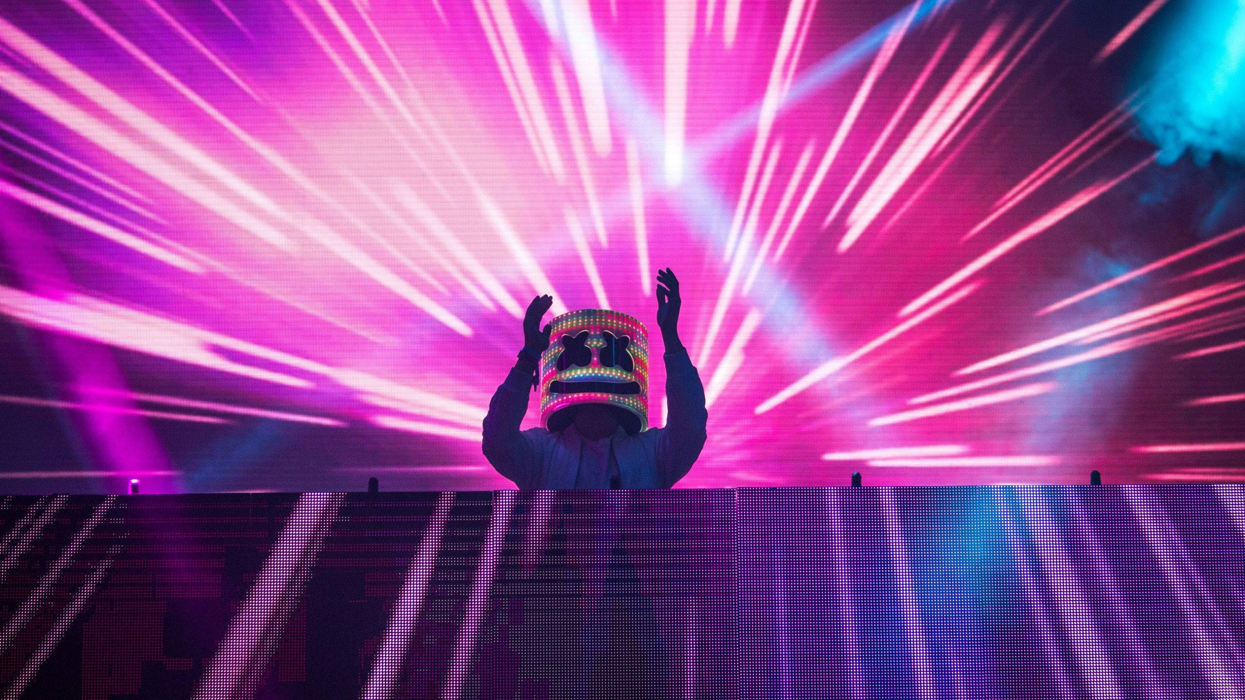 Marshmallow Dj, pink neon stage, glowing mask, 2K Desktop Wallpaper