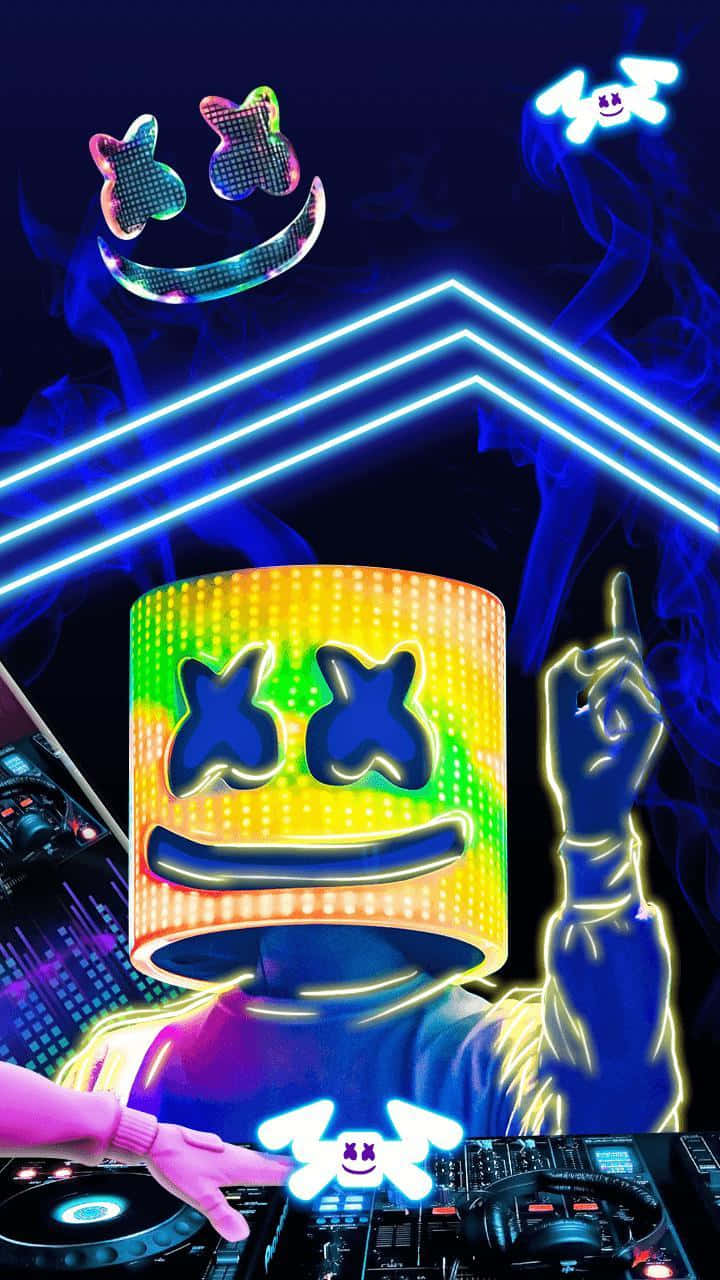 Marshmallow Dj, neon-lit DJ, rainbow LED mask, HD Phone Wallpaper