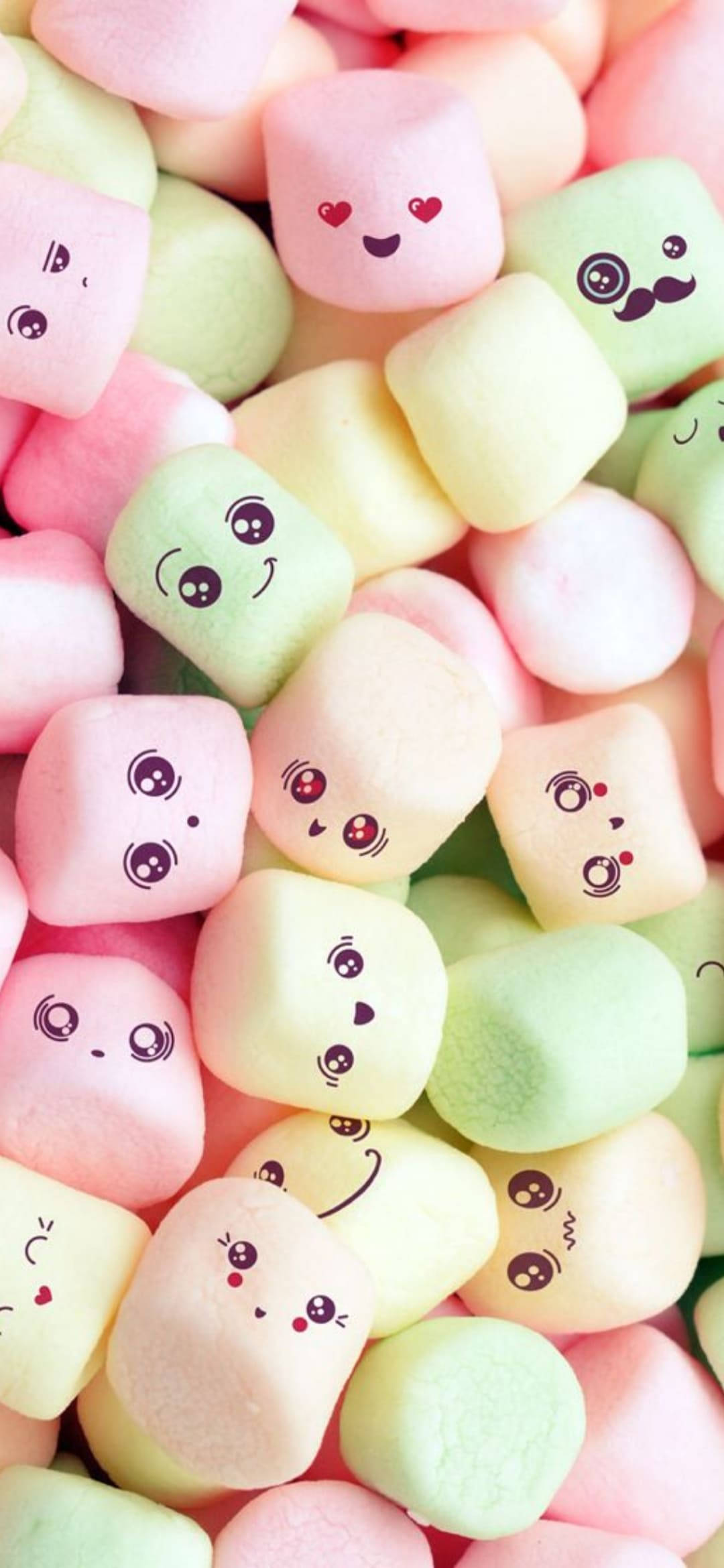 pastel-colored marshmallows, cute hand-drawn faces, soft pink yellow and green tones, Full HD Phone Wallpaper