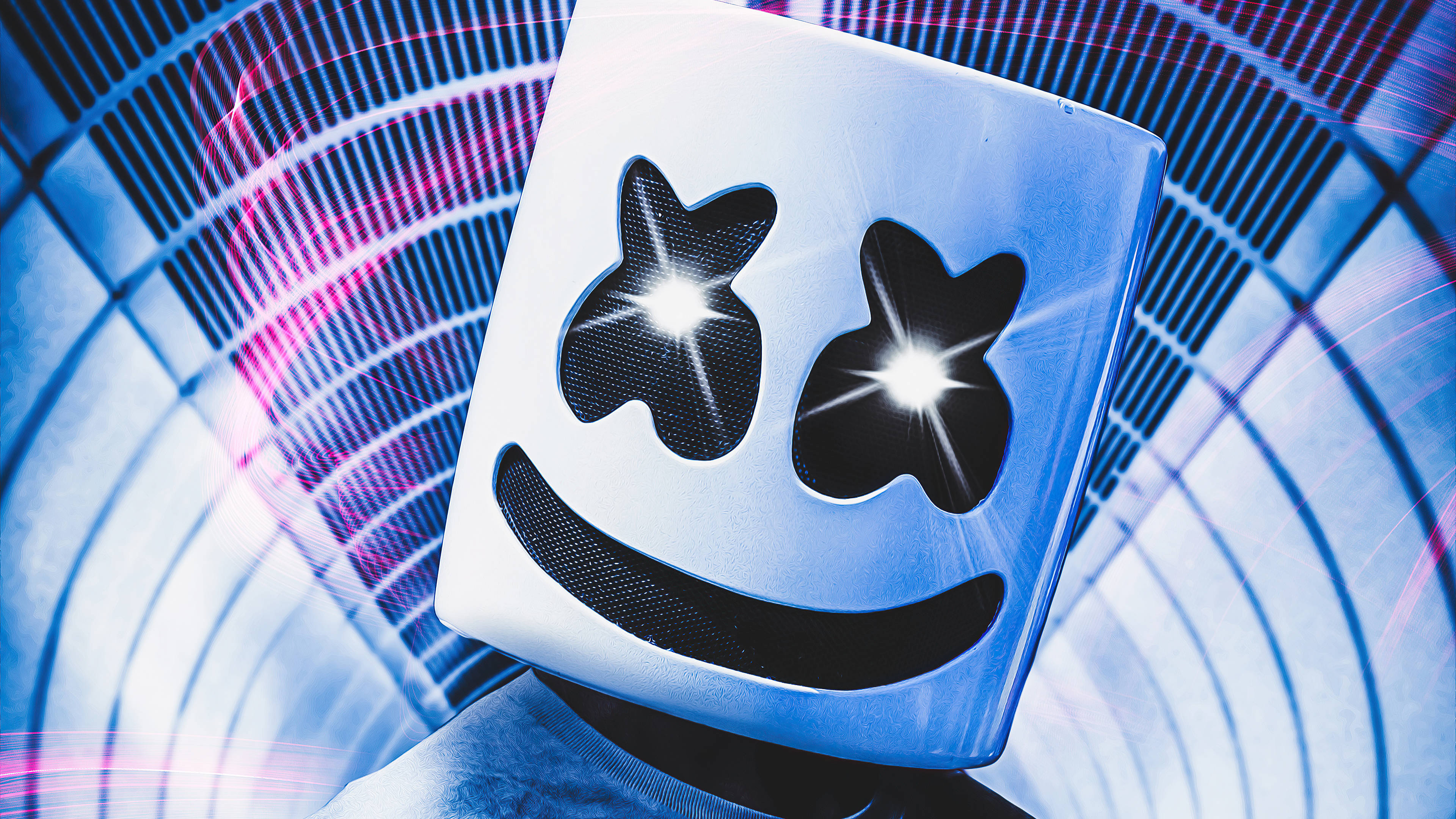 Marshmello, glowing blue and pink futuristic mask, starburst eyes, 4K Desktop Wallpaper