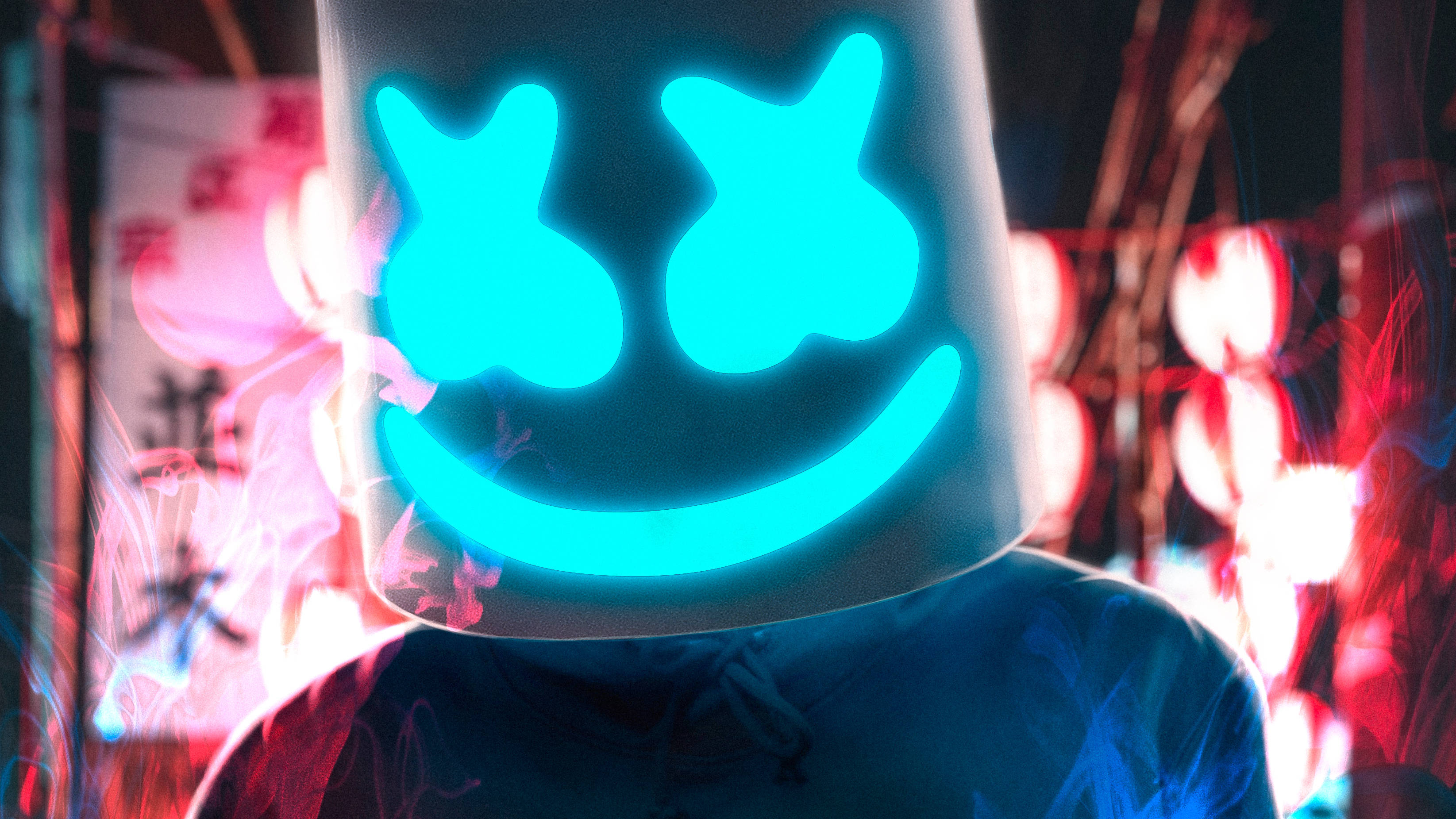 Light Blue Marshmello, glowing blue smiley face mask, neon-lit urban backdrop, 2K Desktop Wallpaper