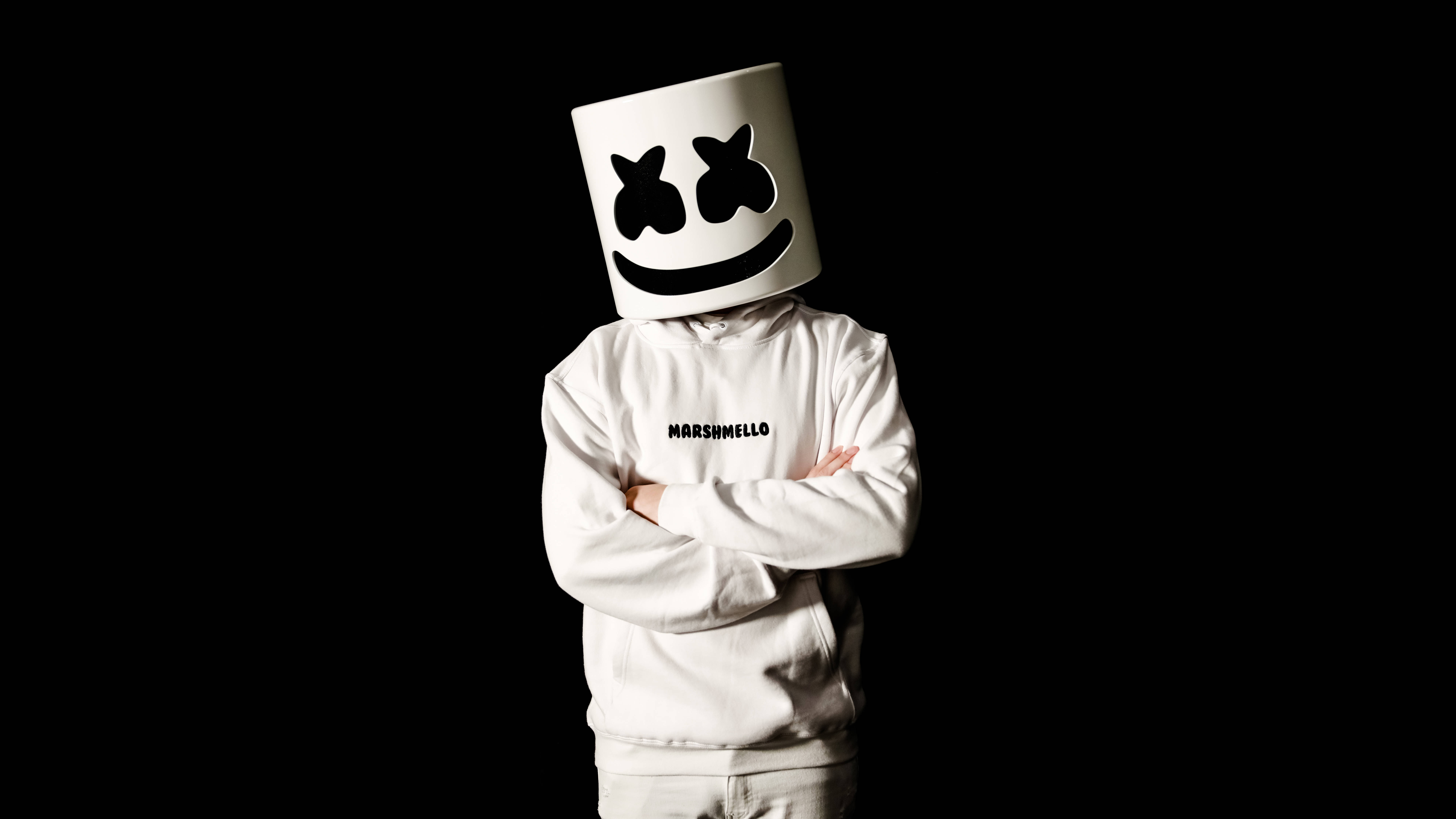 Black Marshmello, white hoodie, iconic marshmallow helmet, 8K Desktop Wallpaper