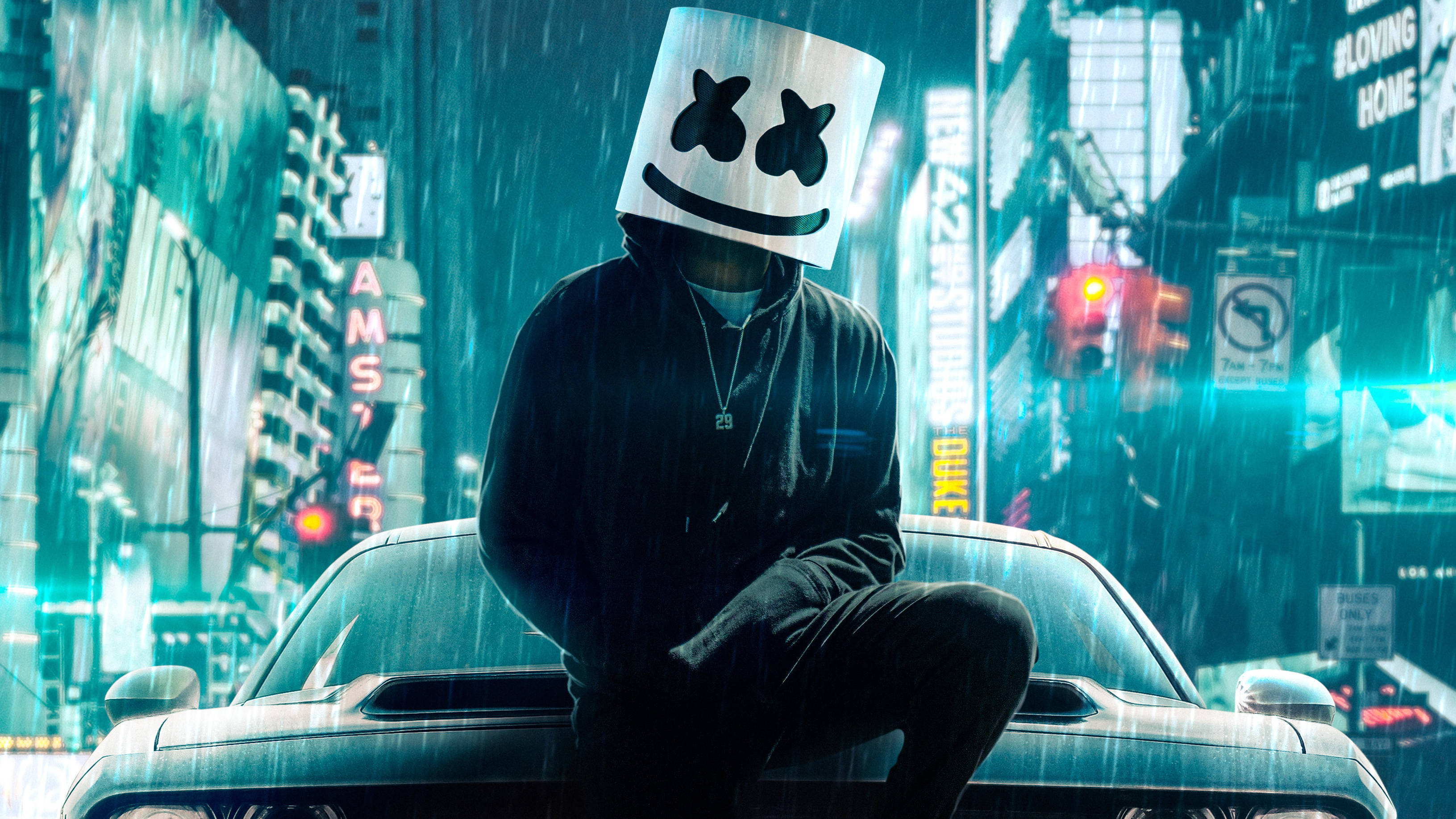 Marshmello, marshmello mask, neon-drenched rainy cityscape, 2K Desktop Wallpaper