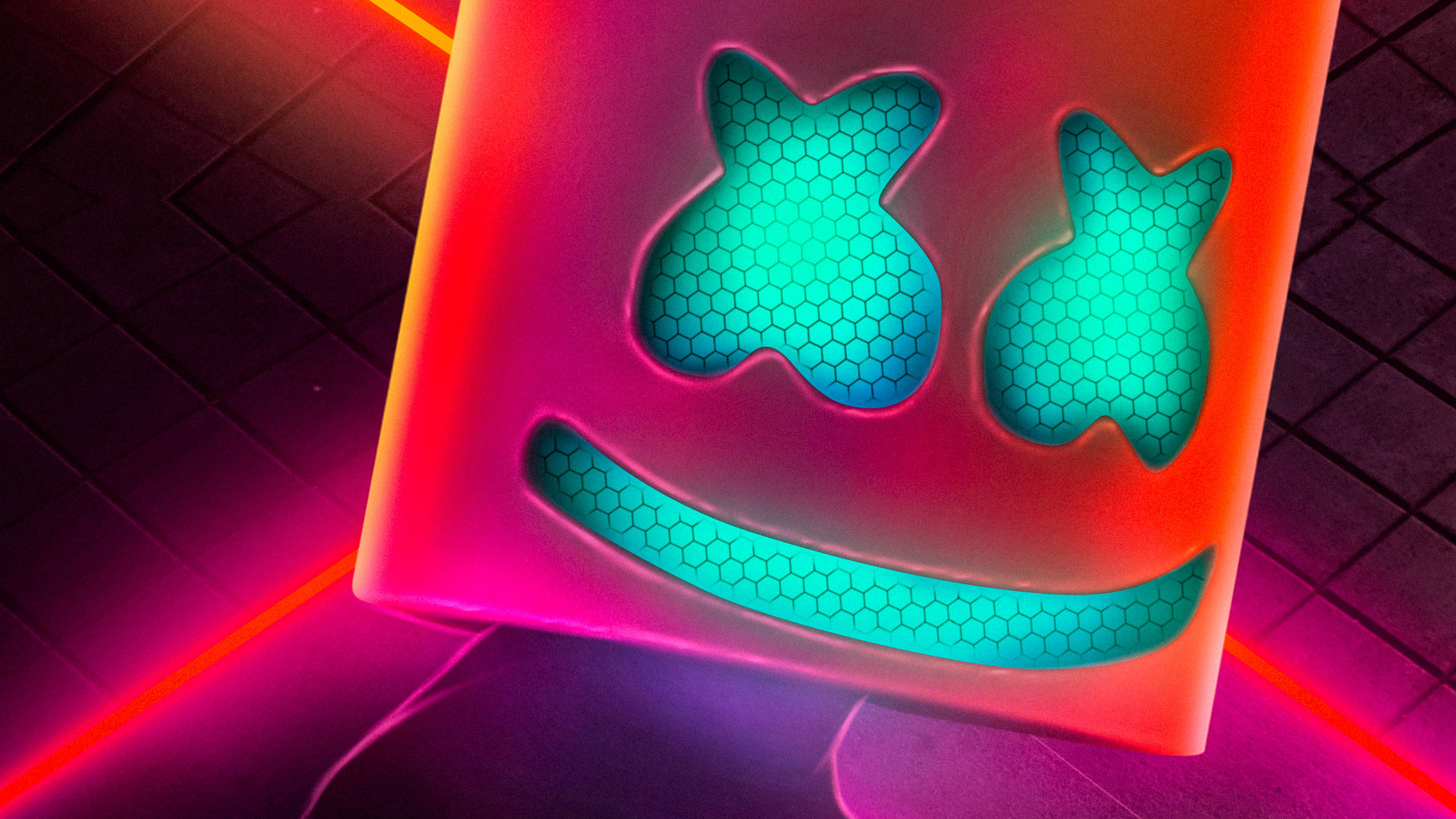 Marshmello, neon pink, red, 2K Desktop Wallpaper