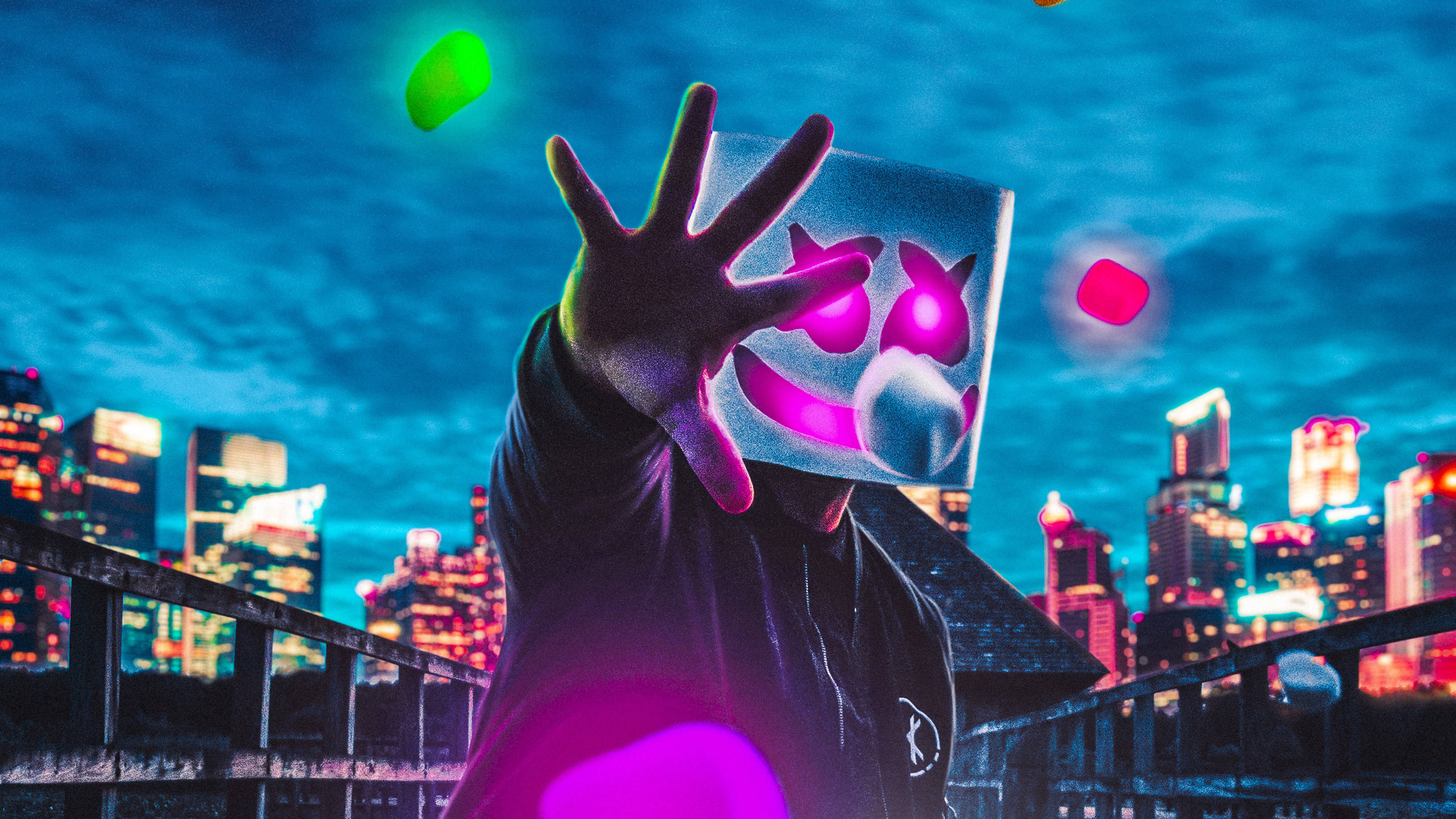 Neon Marshmello, glowing pink mask, neon-lit city skyline, 2K Desktop Wallpaper