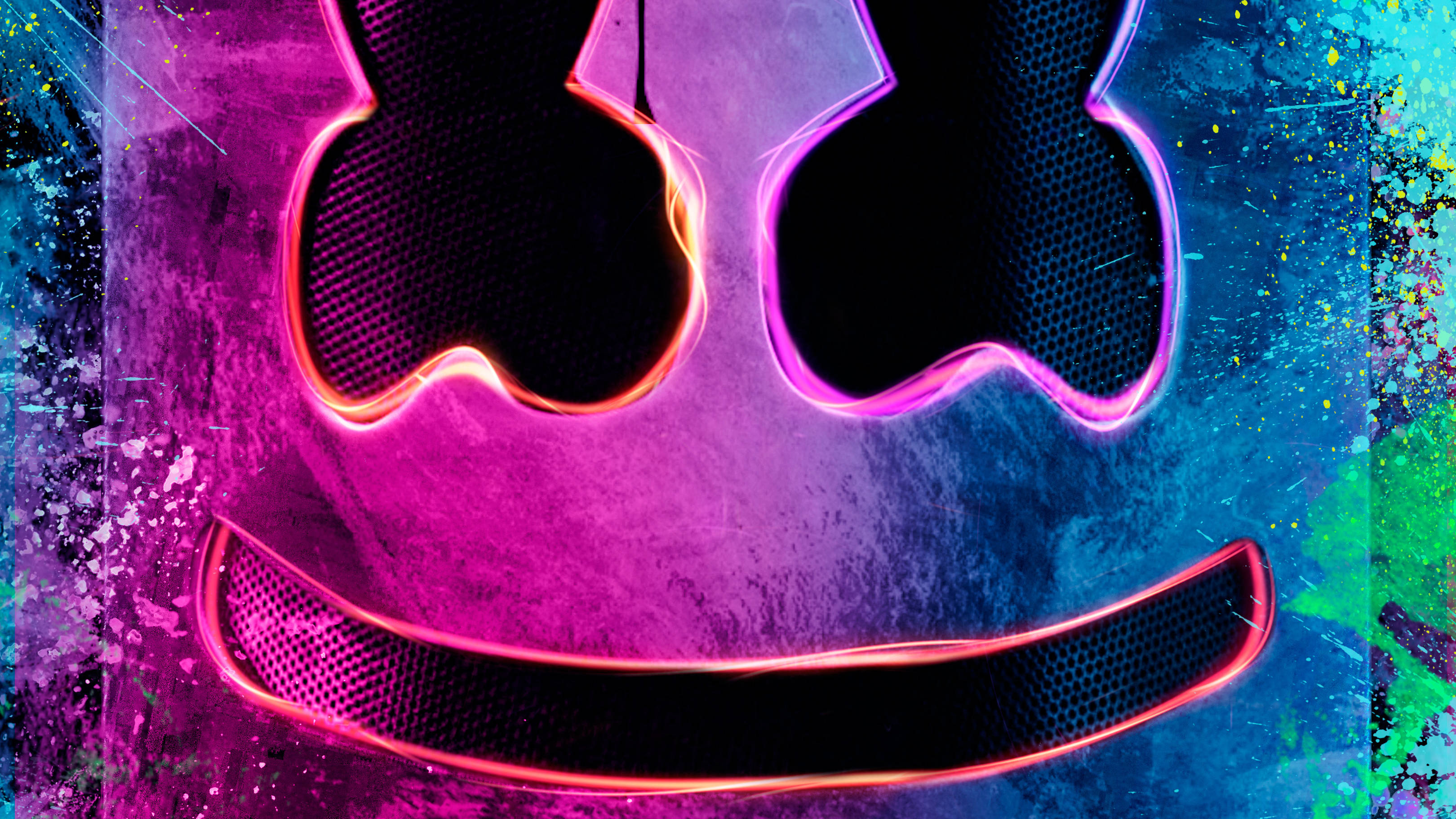 Marshmello, 4K, neon smiley face, 2K Desktop Wallpaper