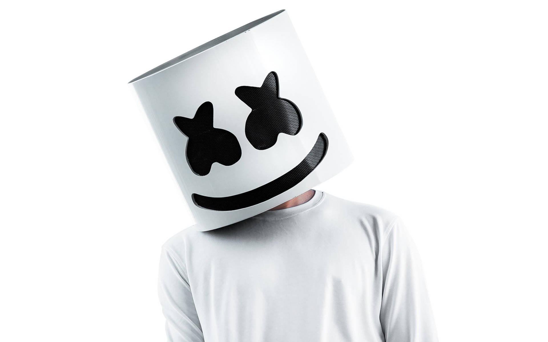 Marshmello, white cylindrical helmet, black star-shaped eyes, Full HD Desktop Wallpaper