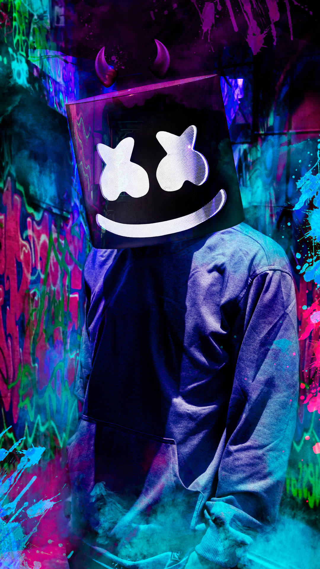 Marshmello, glowing Marshmello mask, vibrant graffiti splashes, Full HD Phone Wallpaper