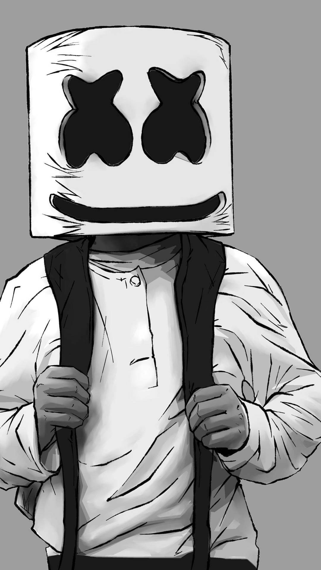 Marshmello, square marshmallow mask, monochrome illustration, Full HD Phone Wallpaper