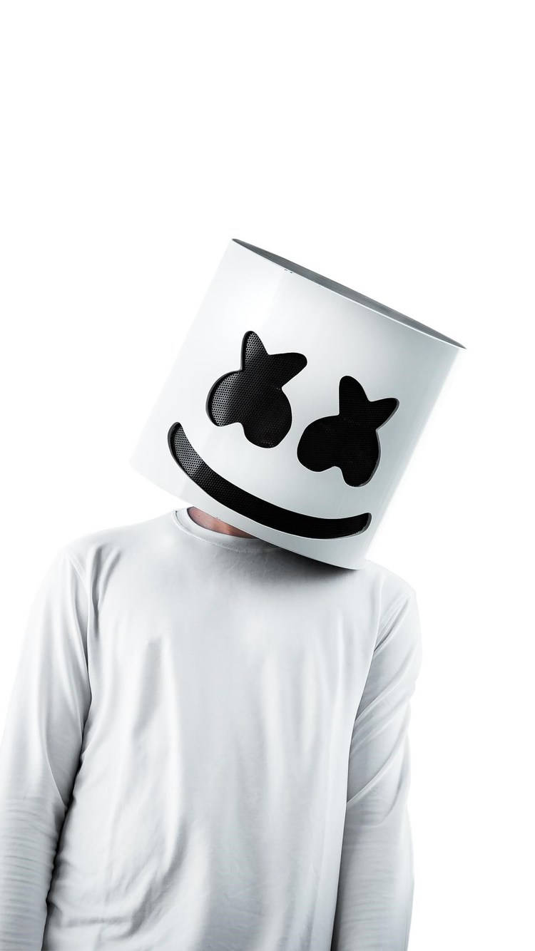 Marshmello, white cylindrical helmet, black smiling face design, HD Phone Wallpaper