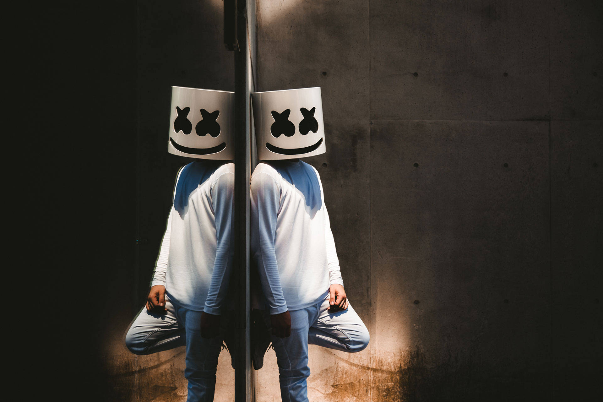 Marshmello, white marshmallow masks, concrete wall, Full HD Desktop Wallpaper
