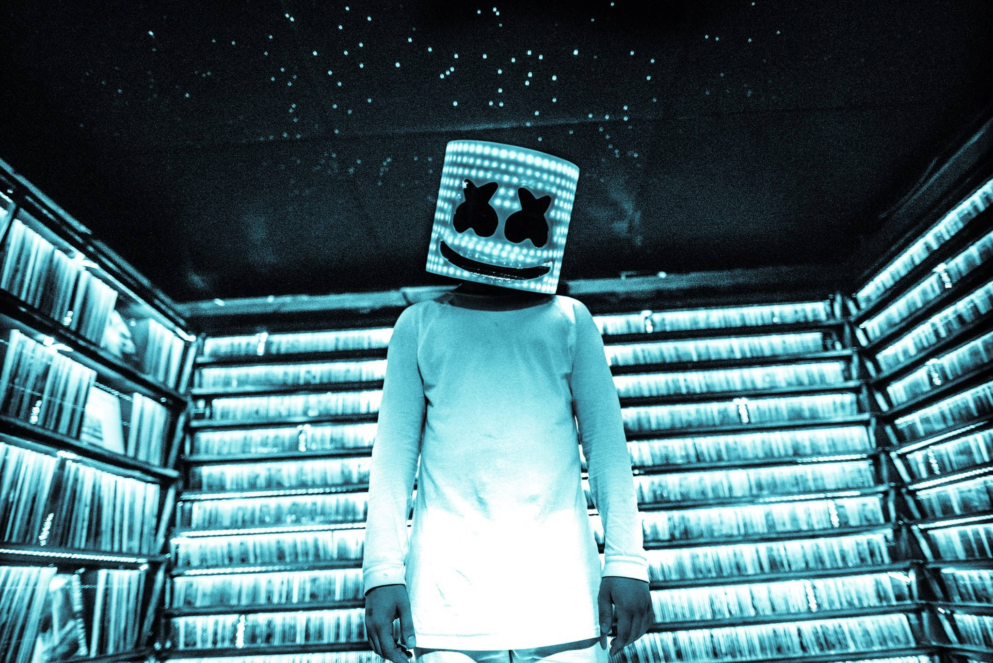 Marshmello, luminescent shelves, glowing marshmallow mask, Full HD Desktop Wallpaper