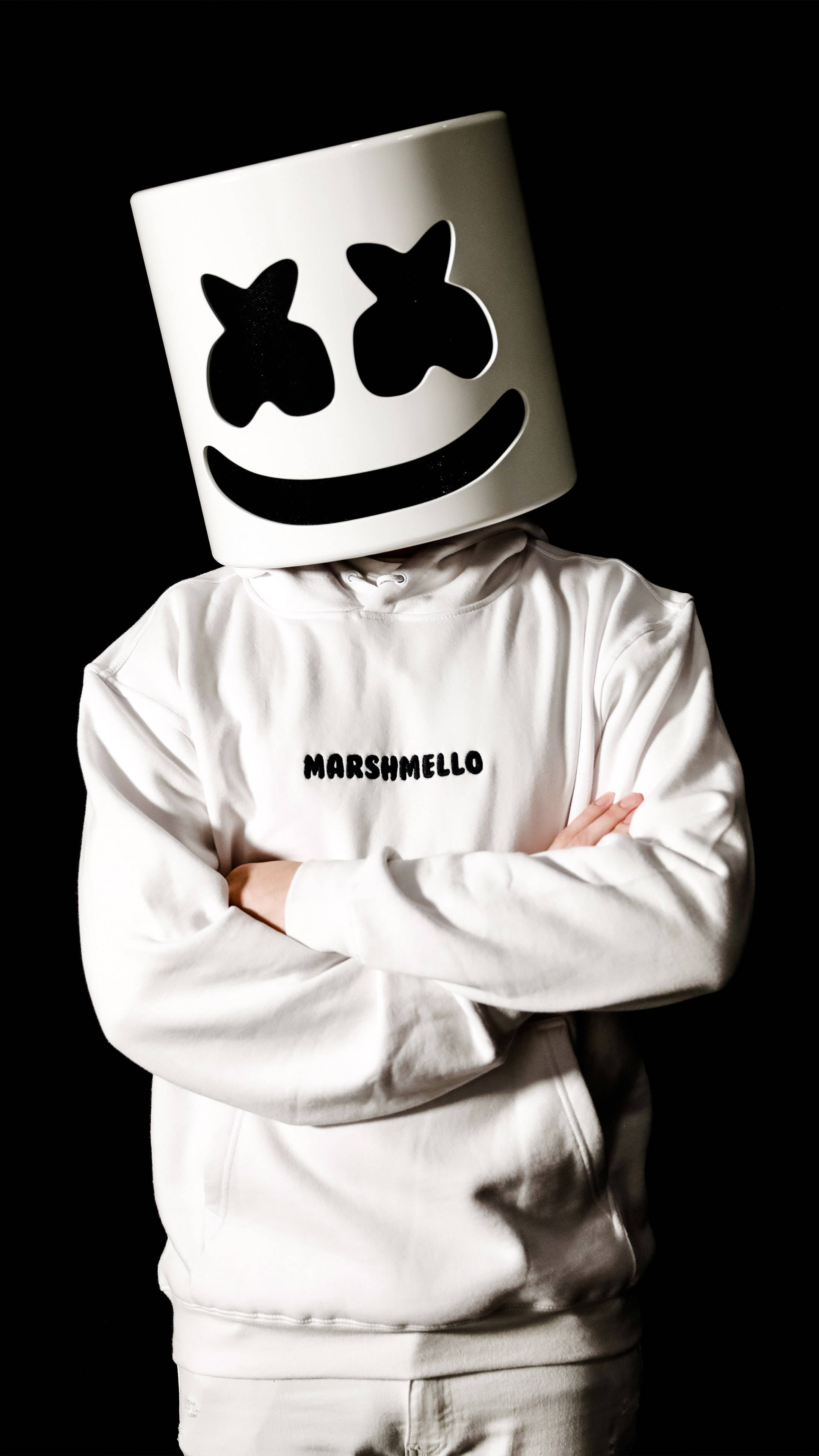 Black Marshmello, white hoodie, iconic marshmallow helmet, 4K Phone Wallpaper