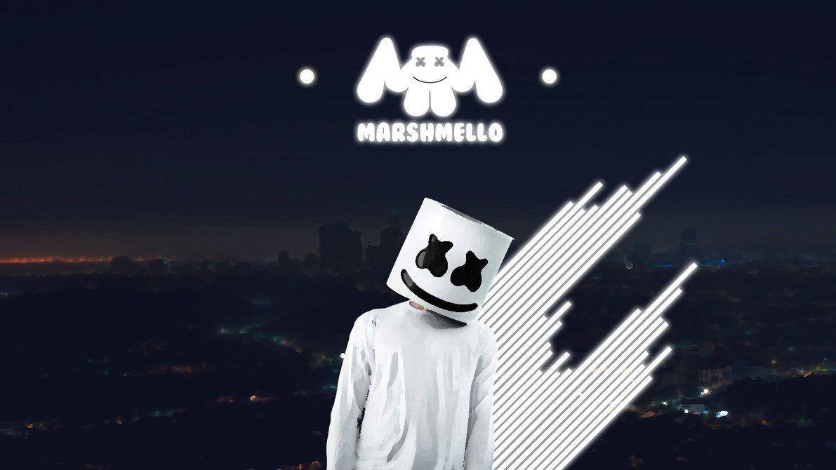 Marshmello, night cityscape, glowing white beams, SD Desktop Wallpaper